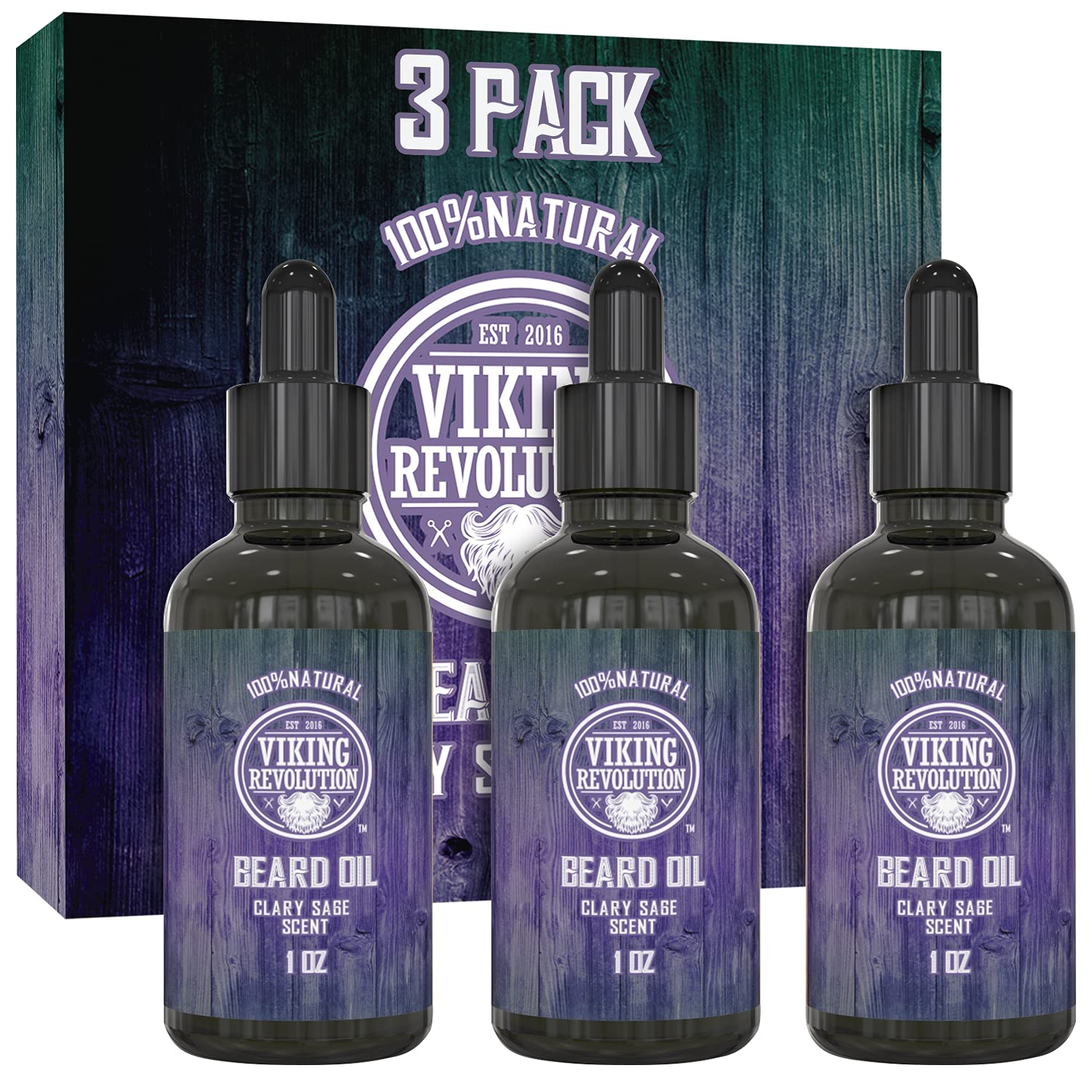 A Clary Sage Beard Oil - 3 Pack from Viking Revolution sits in front of its packaging box.