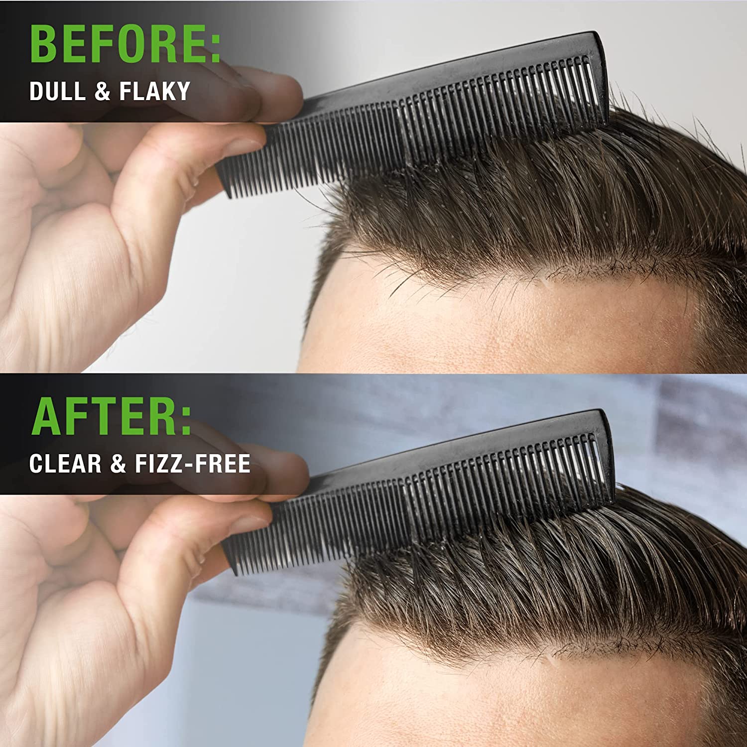 Before and after images show hair improvement from dull to clear with Tea Tree Oil Shampoo & Conditioner 17oz.