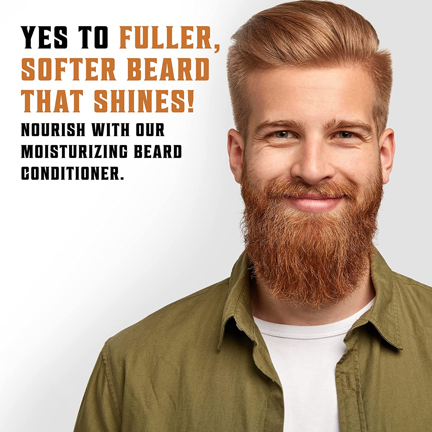 A smiling man with a full beard showcases the Sandalwood Beard Wash & Conditioner Set - 5oz, emphasizing its all-natural ingredients for achieving a fuller, softer, and shinier beard.