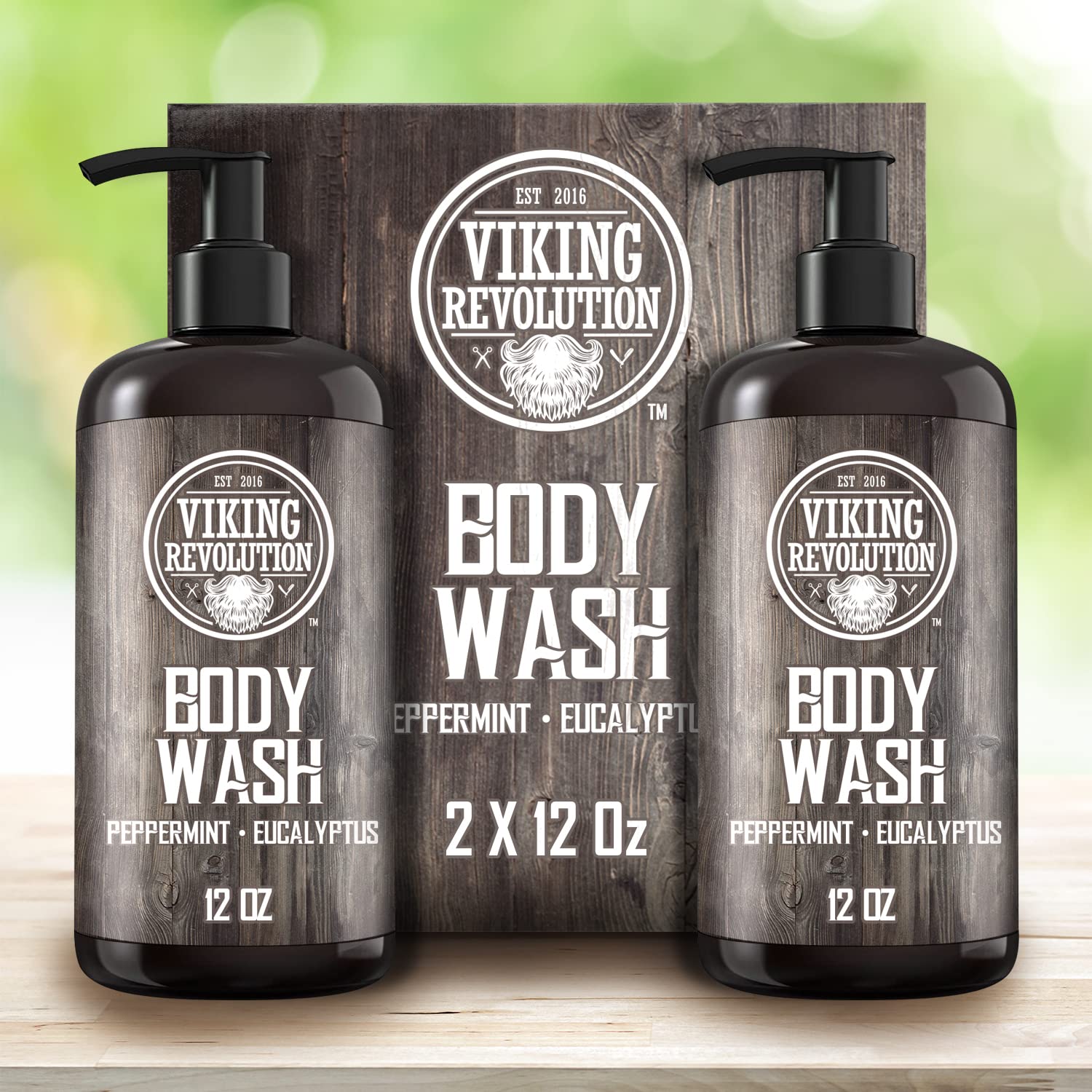 A pair of 12 oz bottles of the Peppermint Eucalyptus Body Wash - 2 Pack, an essential in men's skincare, displayed stylishly in sleek packaging.