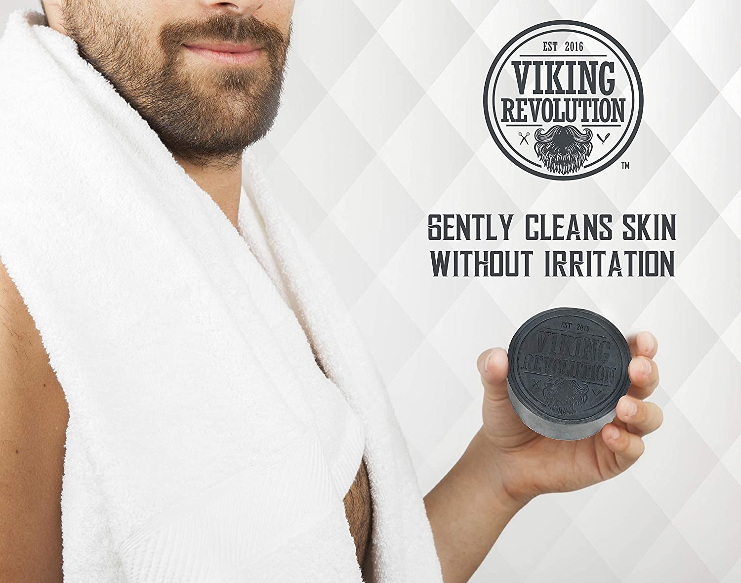 Man holding Activated Charcoal Soap w/ Dead Sea Mud. Text: Gently cleans skin without irritation.