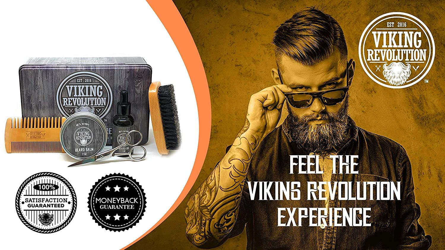 Man with sunglasses and beard products; text: Embrace the Vikings Revolution Experience with our Peppermint Beard Care Kit in a Metal Box.