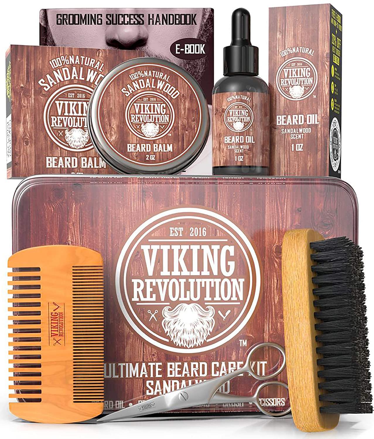 Viking Revolution Beard Care Kit for Men - Sandalwood - Ultimate Beard Grooming Kit Includes 100% Boar Beard Brush, Wood Beard Comb, Beard Balm, Beard