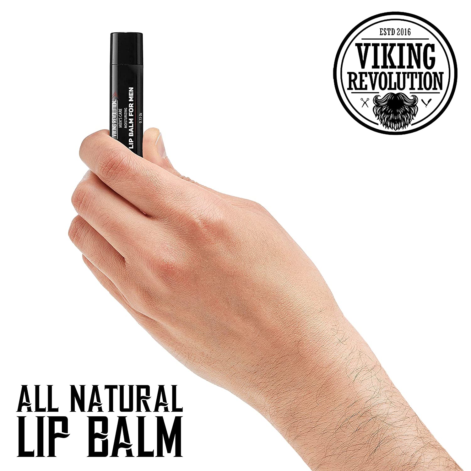 Hand holding a black lip balm tube enriched with Vitamin E. Text: Viking Revolution, All Natural Lip Balm for Men - 4 Pack.
