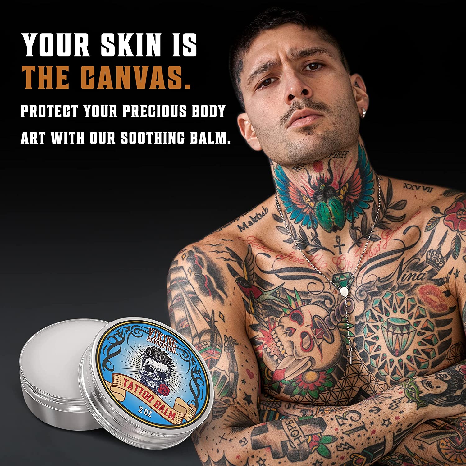 Tattooed man holding a Tattoo Care Balm tin; text: Your skin is the canvas. Safeguard your body art with our soothing Tattoo Care Balm, crafted from vegan ingredients, ideal for tattoo recovery.