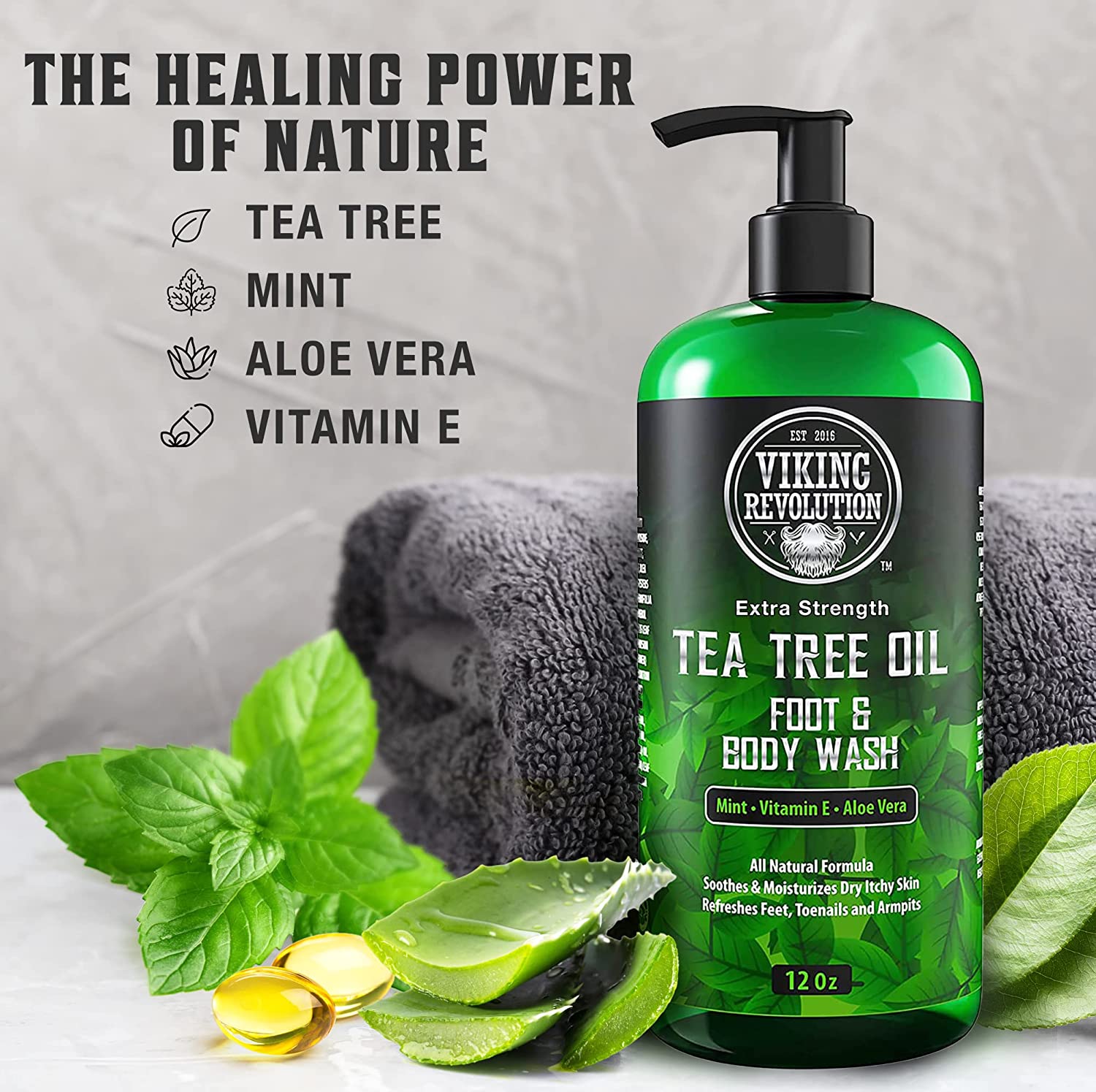 Tea Tree Oil Body Wash - 2 Pack with revitalizing tea tree oil, fresh mint, and soothing aloe, ideal for addressing skin conditions.