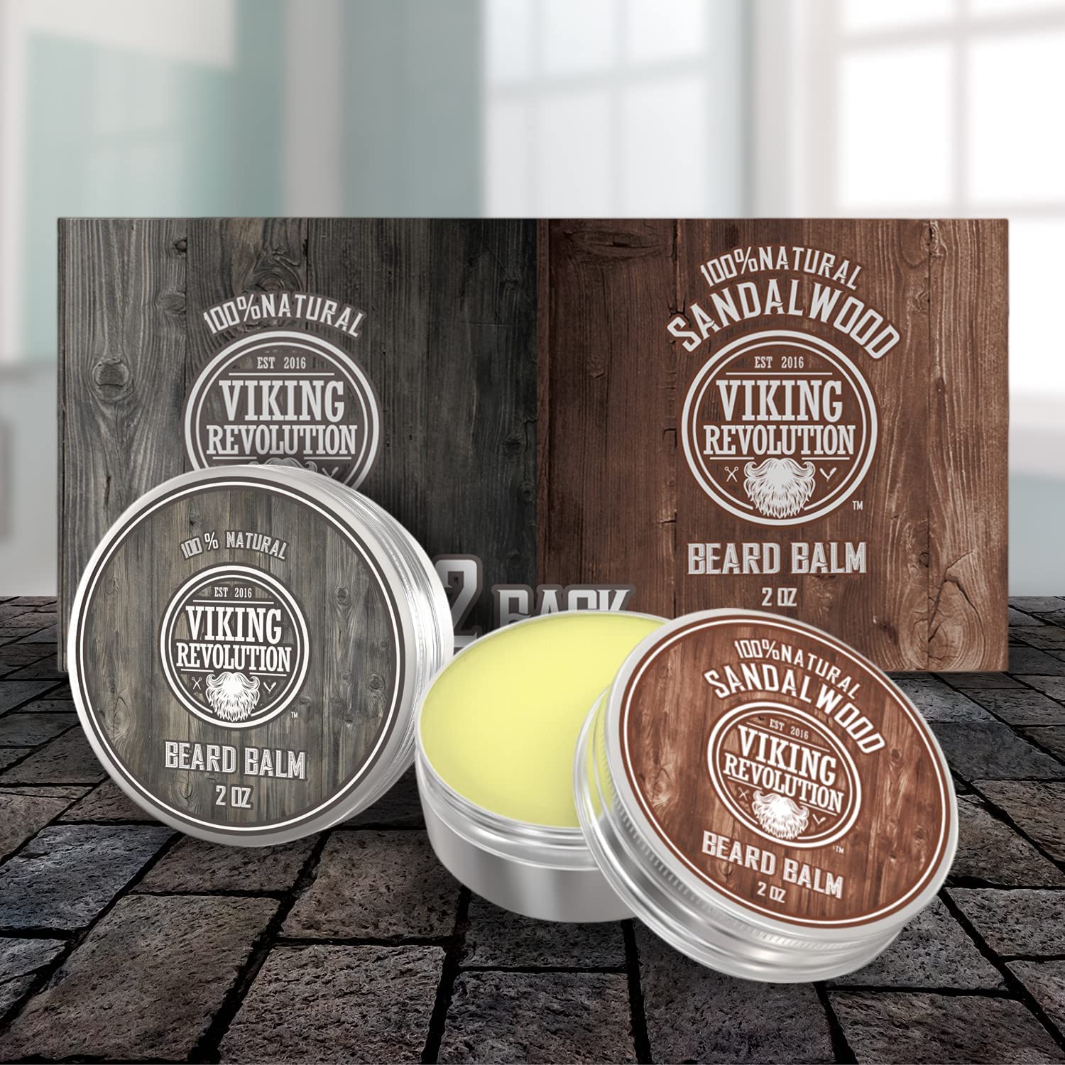 Two tins of all-natural Beard Balm - 2 Pack, Sandalwood & Unscented, on a textured surface.
