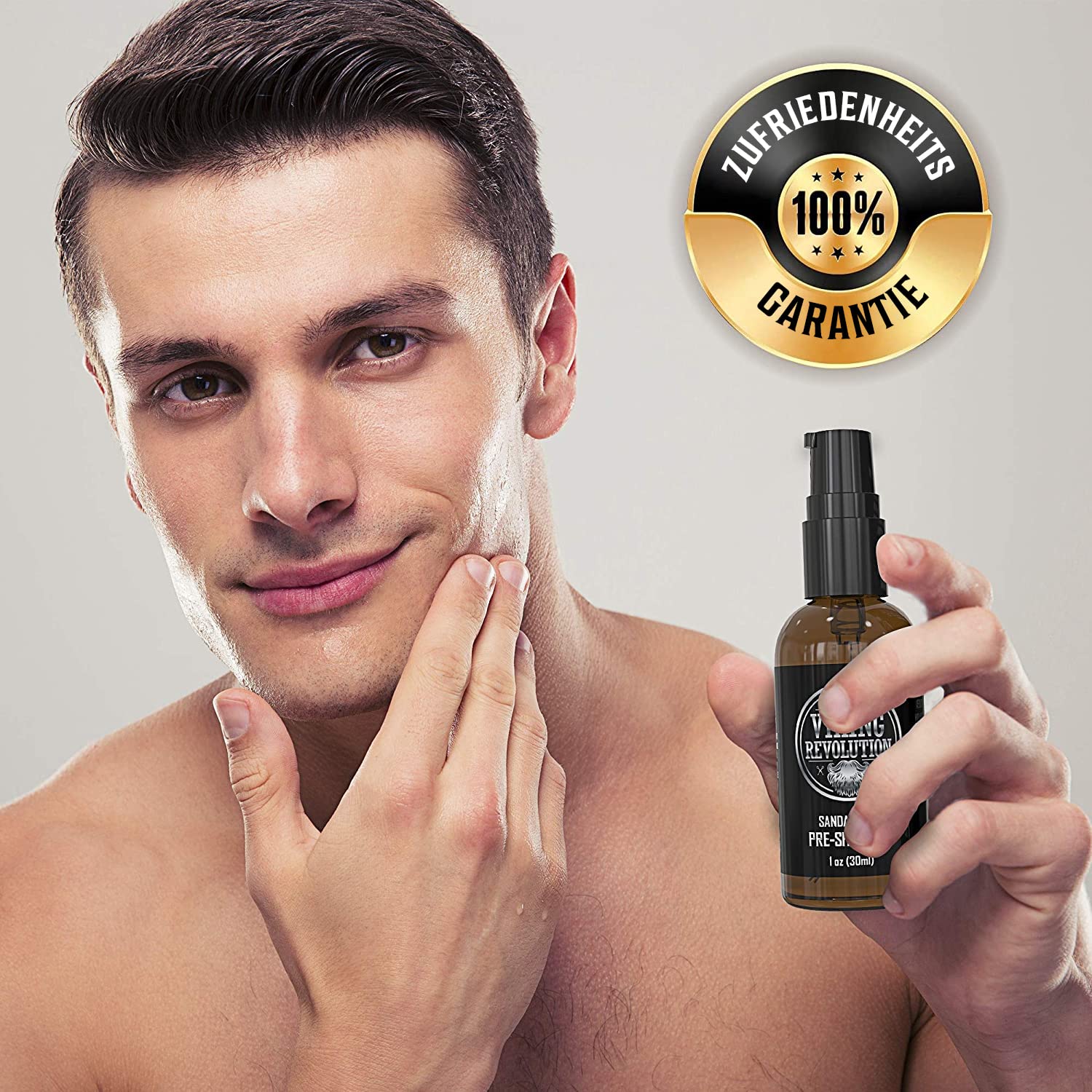 A man applies Sandalwood Pre-Shave Oil to his face, exuding confidence and luxury with its sandalwood scent. A satisfaction guarantee badge sits proudly in the corner, promising a smooth and clean shave experience.