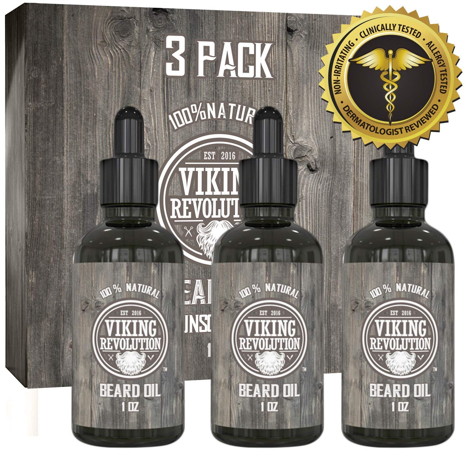 Three bottles of Unscented Beard Oil - 3 Pack in front of packaging, enriched with Organic Argan Oil and Organic Jojoba Oil for the ultimate beard conditioner experience.