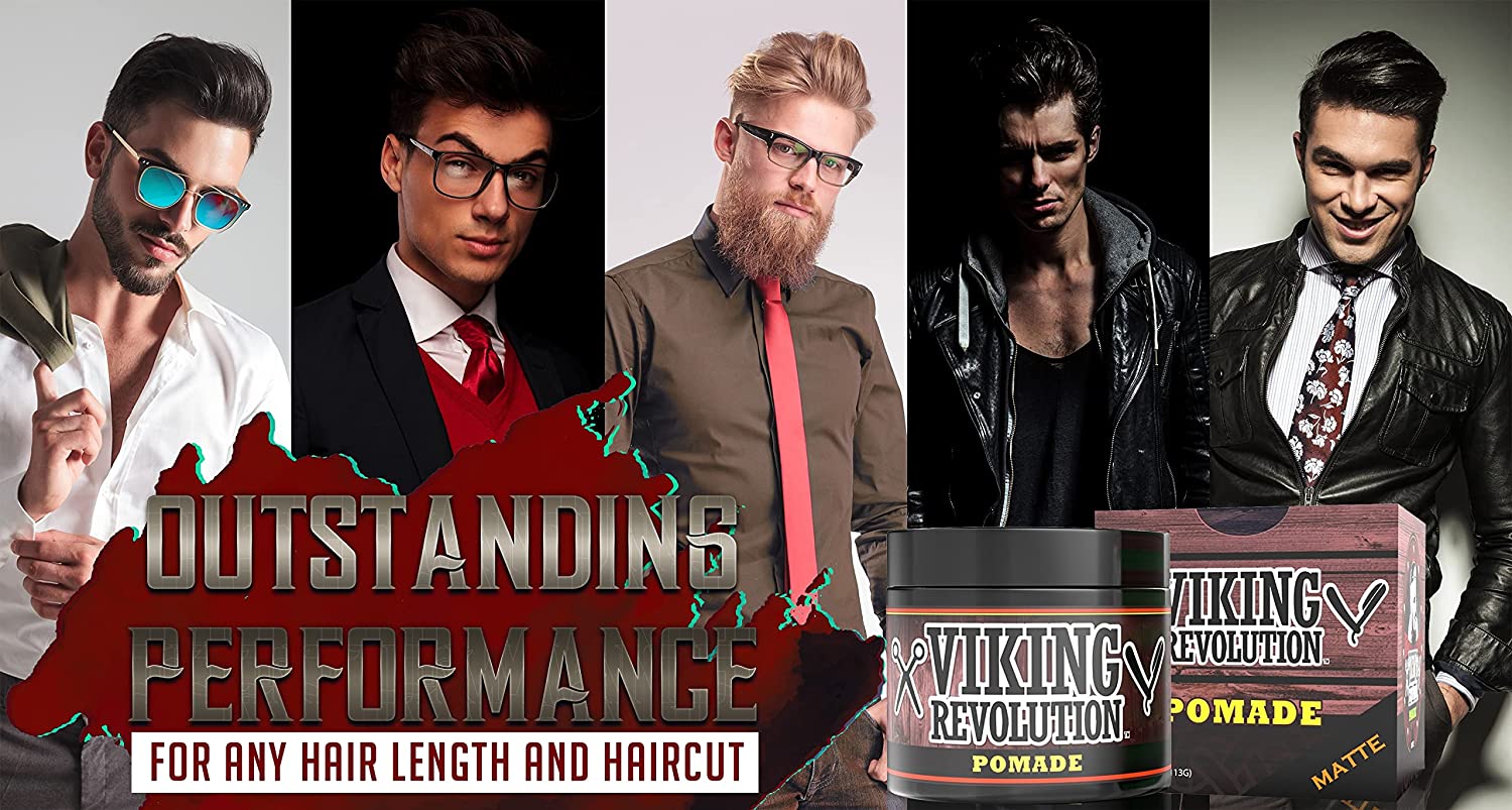 Four men showcasing hairstyles with Viking Revolution's Medium Hold Hair Pomade 4oz in front, highlighting its natural matte finish.