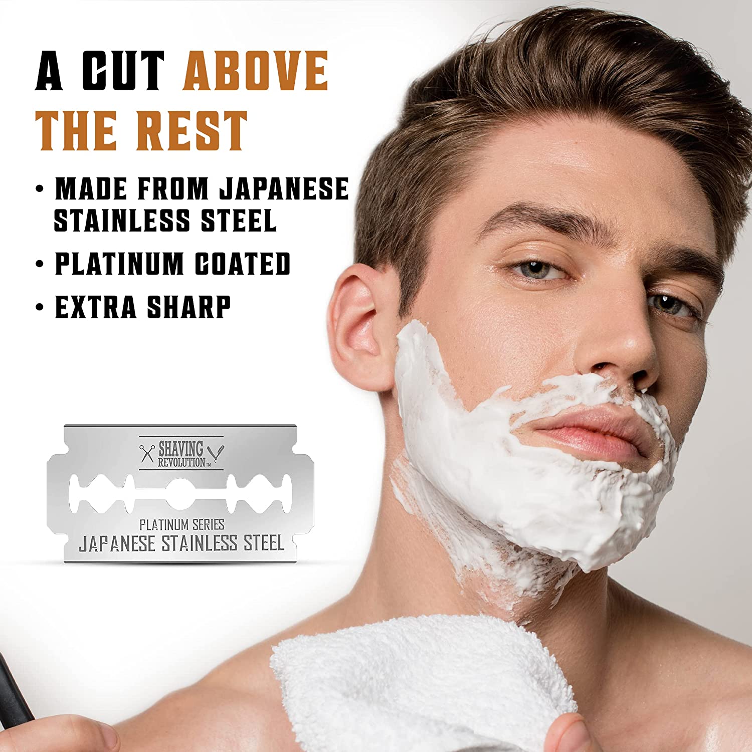 A man expertly shaves with Double Edge Razor Blades (100 Count), crafted from premium Japanese stainless steel. Promotional text graces the left, highlighting the precision edging blades that redefine shaving for a flawless finish.