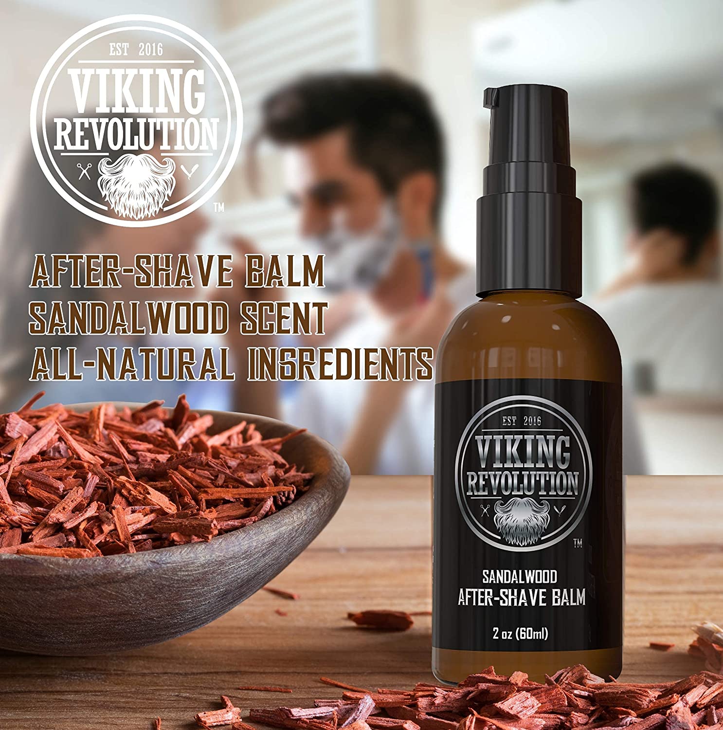 Sandalwood After-Shave Balm for Men soothing razor burn with a person shaving in the background.