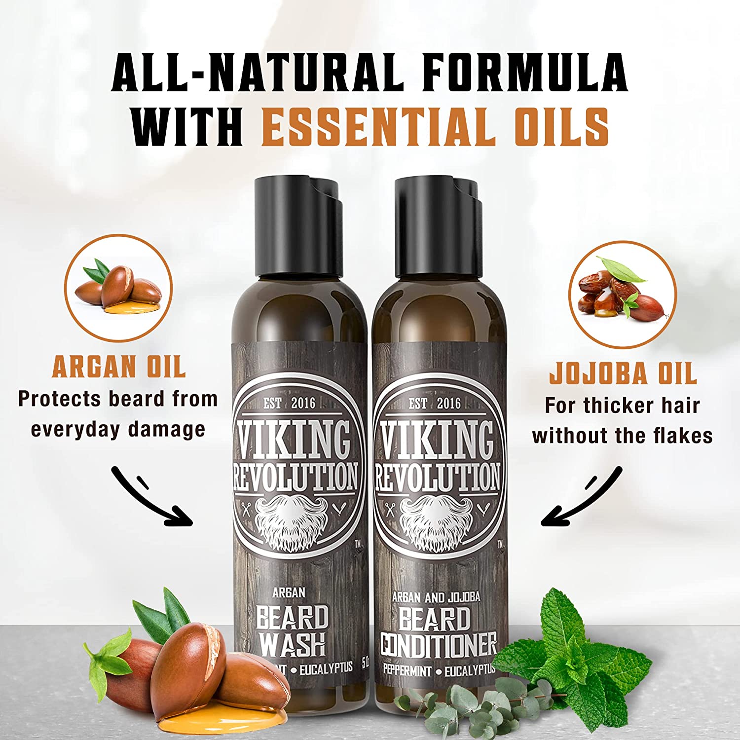 Peppermint & Eucalyptus Beard Wash & Conditioner Set - 5oz bottles, designed for facial hair cleaning, skin protection, and added thickness with a blend of argan and jojoba oils.