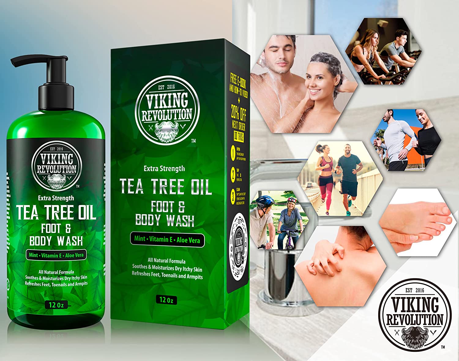 A green bottle and box of Tea Tree Oil Body Wash by Viking Revolution, adorned with hexagons depicting various uses and users, acts as a potent natural remedy for treating skin issues with its antifungal properties.