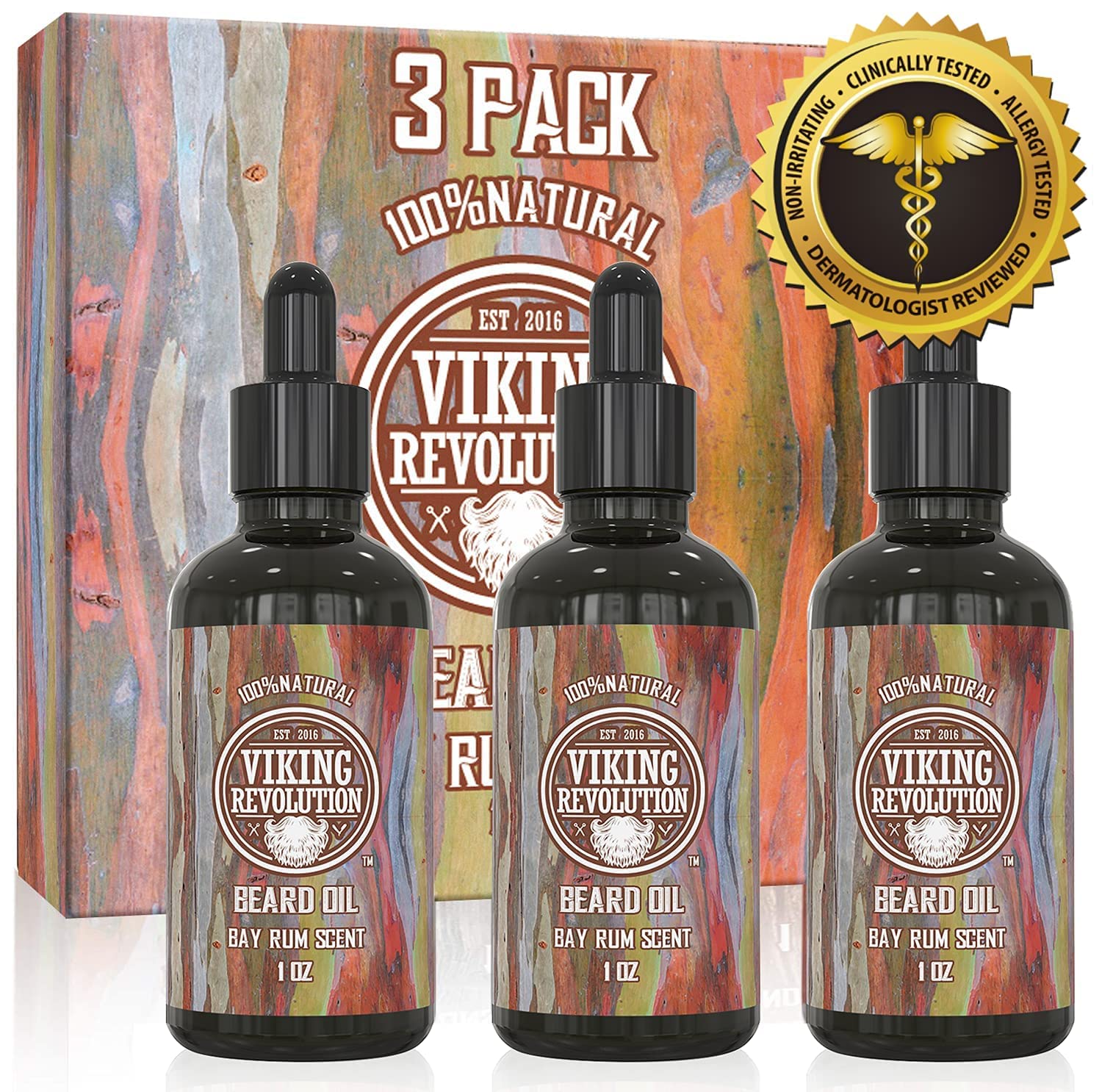 Three bottles of Bay Rum Beard Oil 3 Pack, a natural beard essential in stylish packaging.