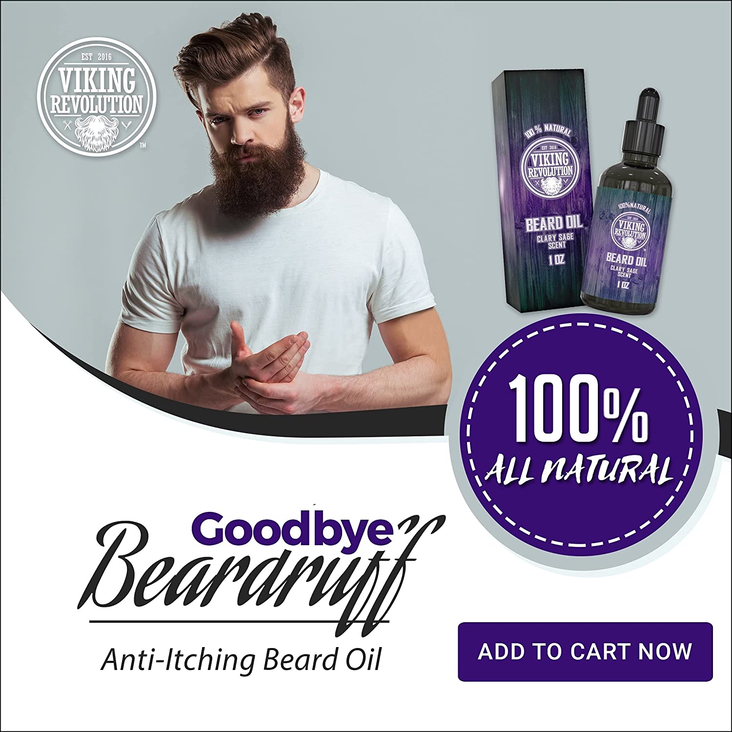 A bearded man holding hands is seen next to an ad for Clary Sage Beard Oil, an all-natural beard oil featuring organic oils infused with clary sage for optimal care.