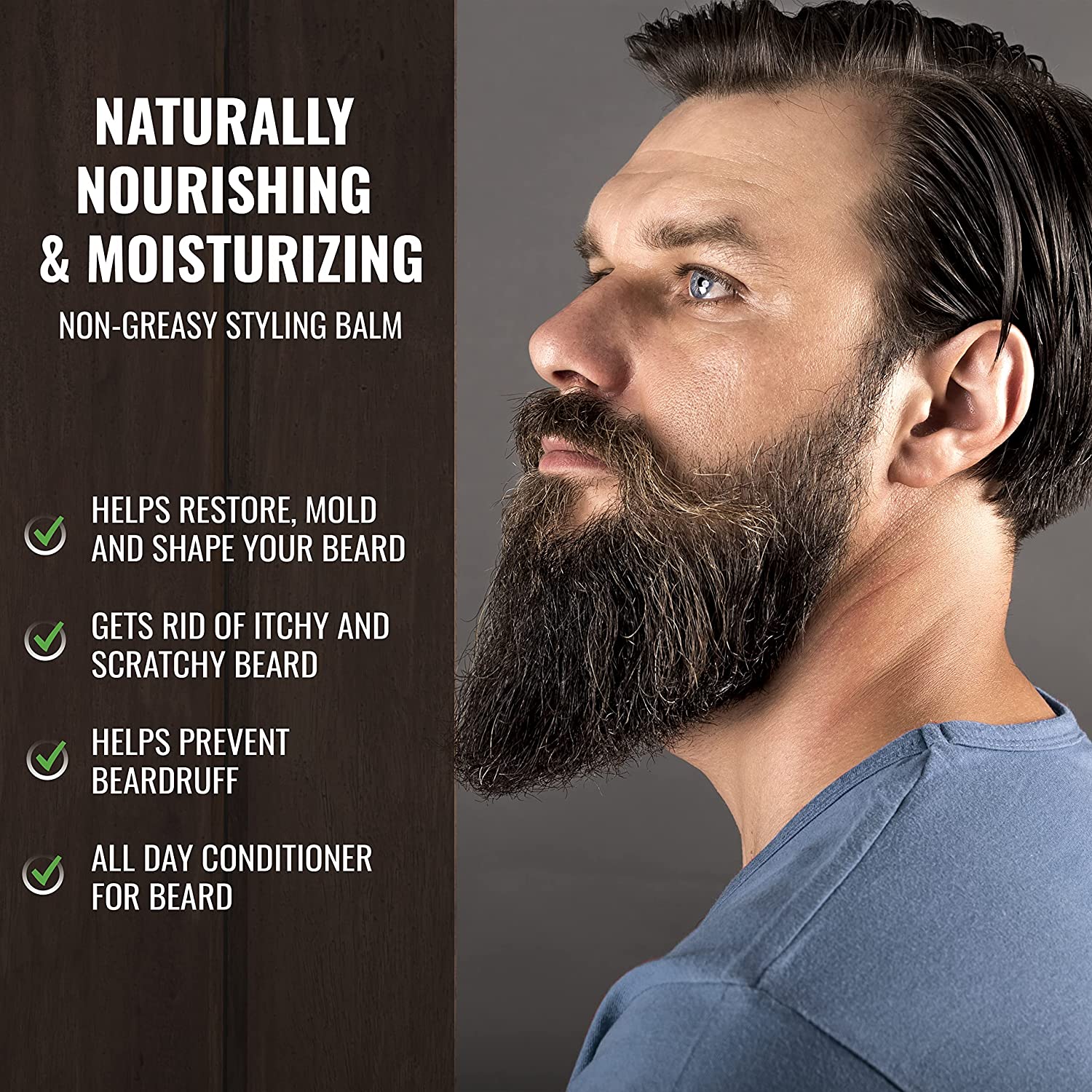 Man with a beard poses next to Beard Balm - 2 Pack benefits list on a textured background.
