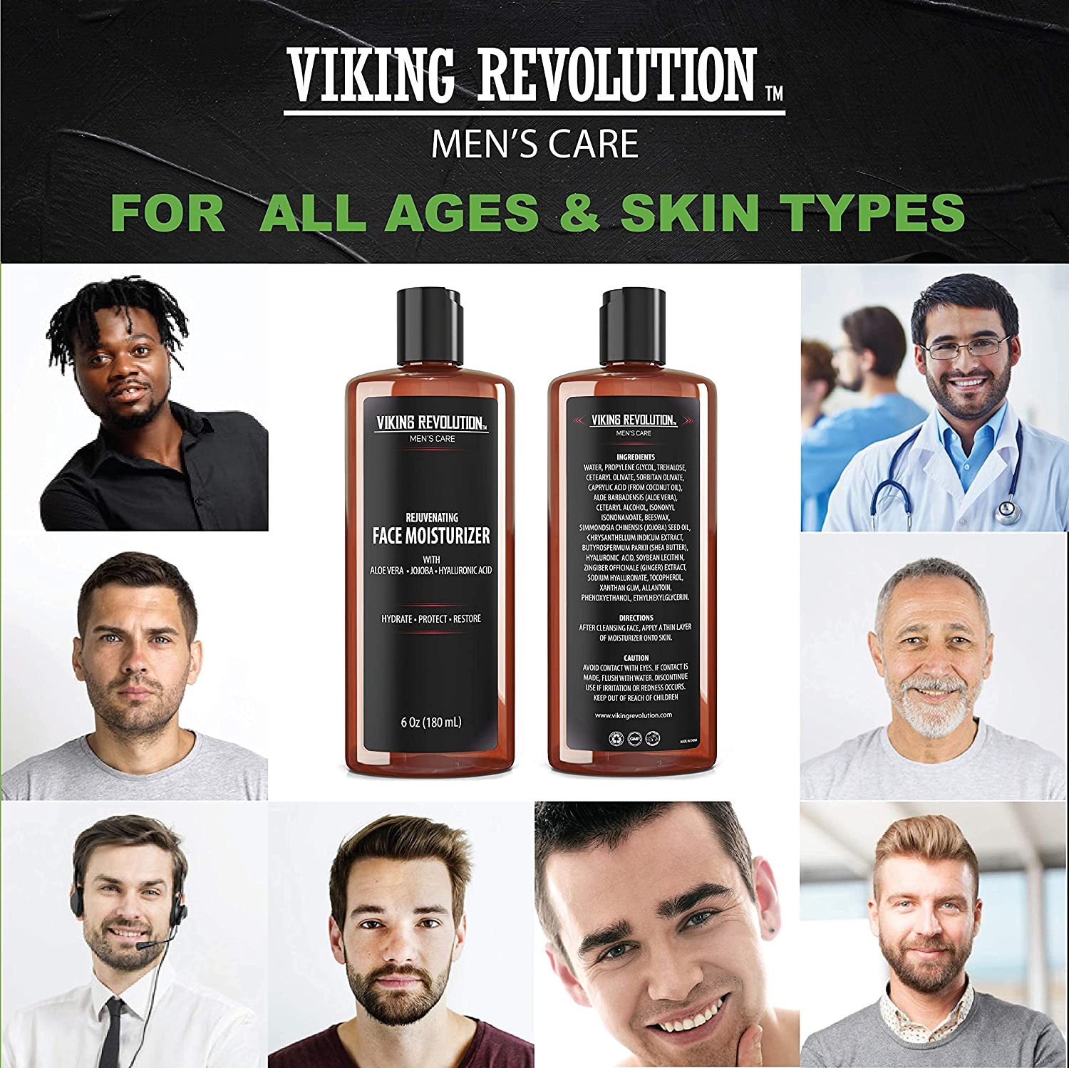 Viking Revolution ad shows diverse men with Natural Face Moisturizer, 6oz, highlighting natural ingredients.