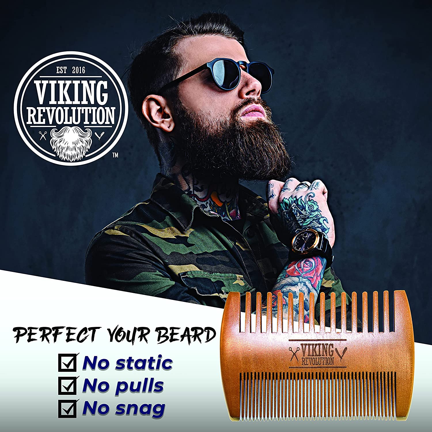 Bearded man with sunglasses, tattoos, and a Wooden Beard Comb & Case from Viking Revolution.