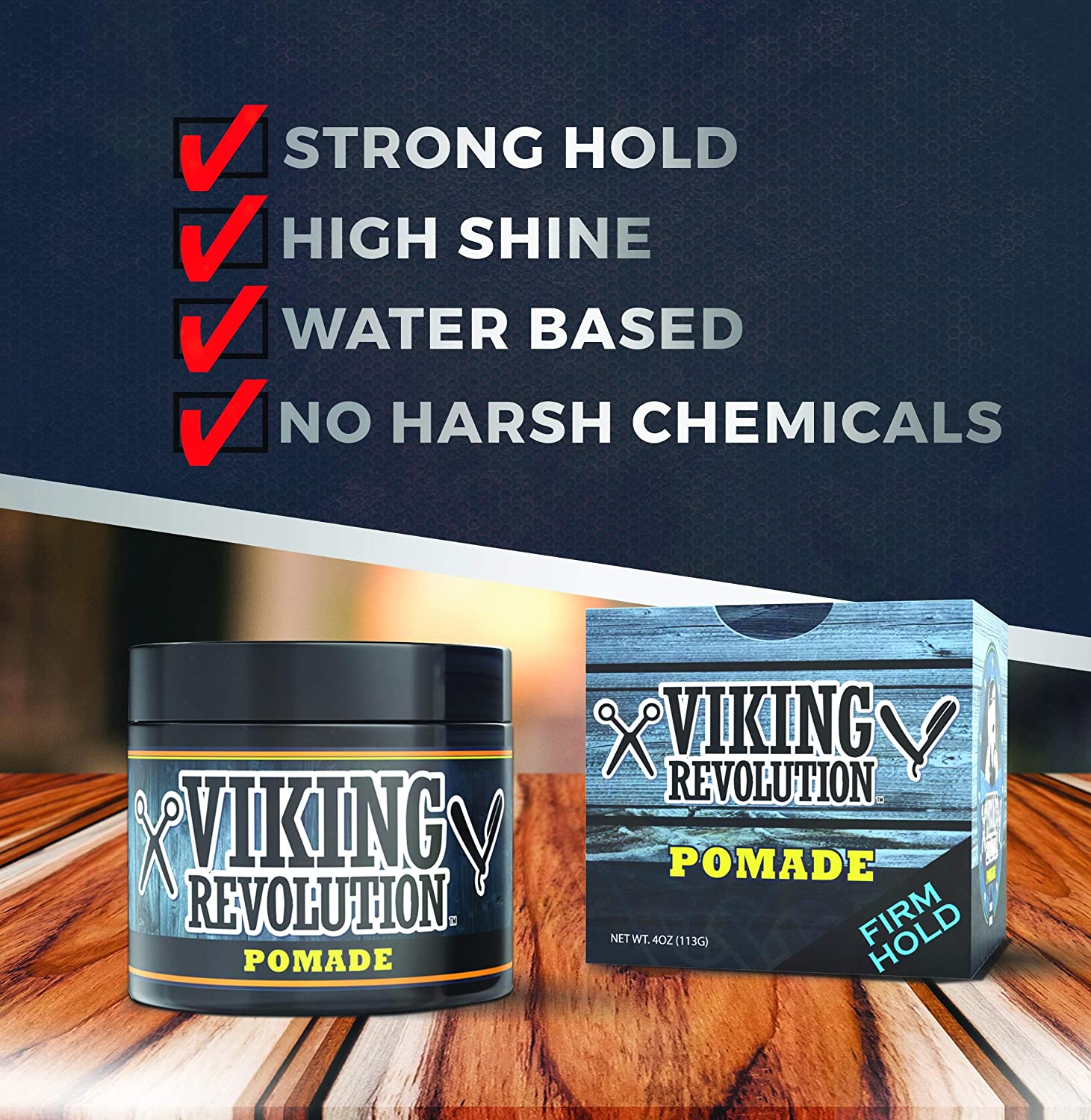 The Hair Pomade - 4oz by Viking Revolution is displayed on a wooden surface, highlighting its strong hold and high shine. Made from natural ingredients, it offers exceptional hair grooming. This water-based formula also includes a satisfaction guarantee for added peace of mind.