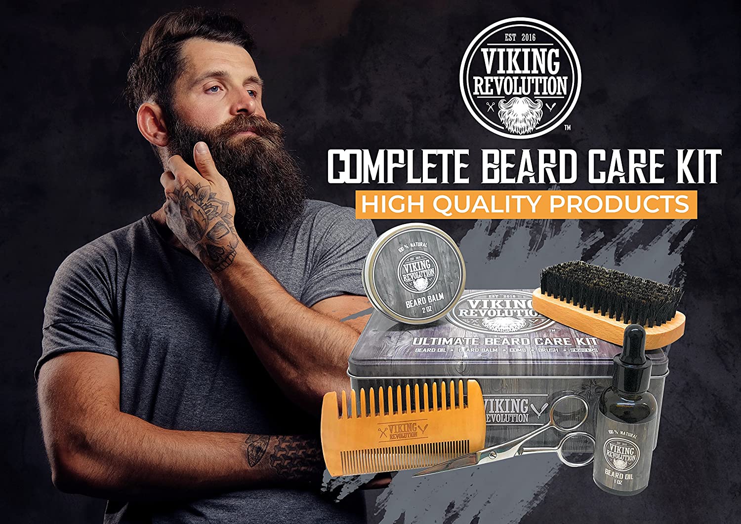Man with beard next to the Peppermint Beard Care Kit in a Metal Box: complete with a comb, brush, balm, and oil—an all-in-one solution for easy beard maintenance.