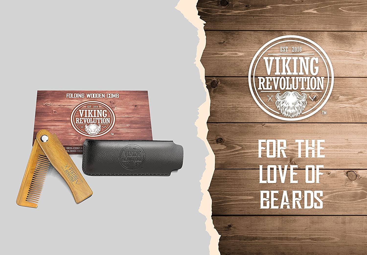 The Folding Beard Comb with Carrying Pouch, adorned with the "For the love of beards" slogan on a wooden background, enhances your beard grooming routine with quality and style, all supported by our satisfaction guarantee.