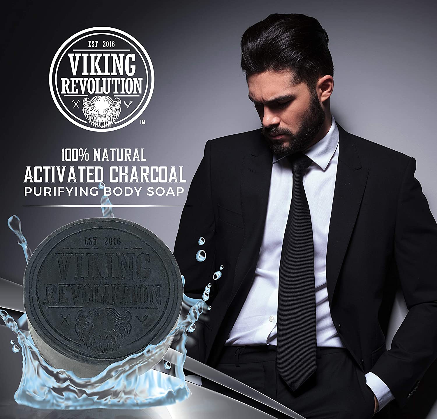 Man in suit with Activated Charcoal Soap w/ Dead Sea Mud, logo, and a water splash effect.
