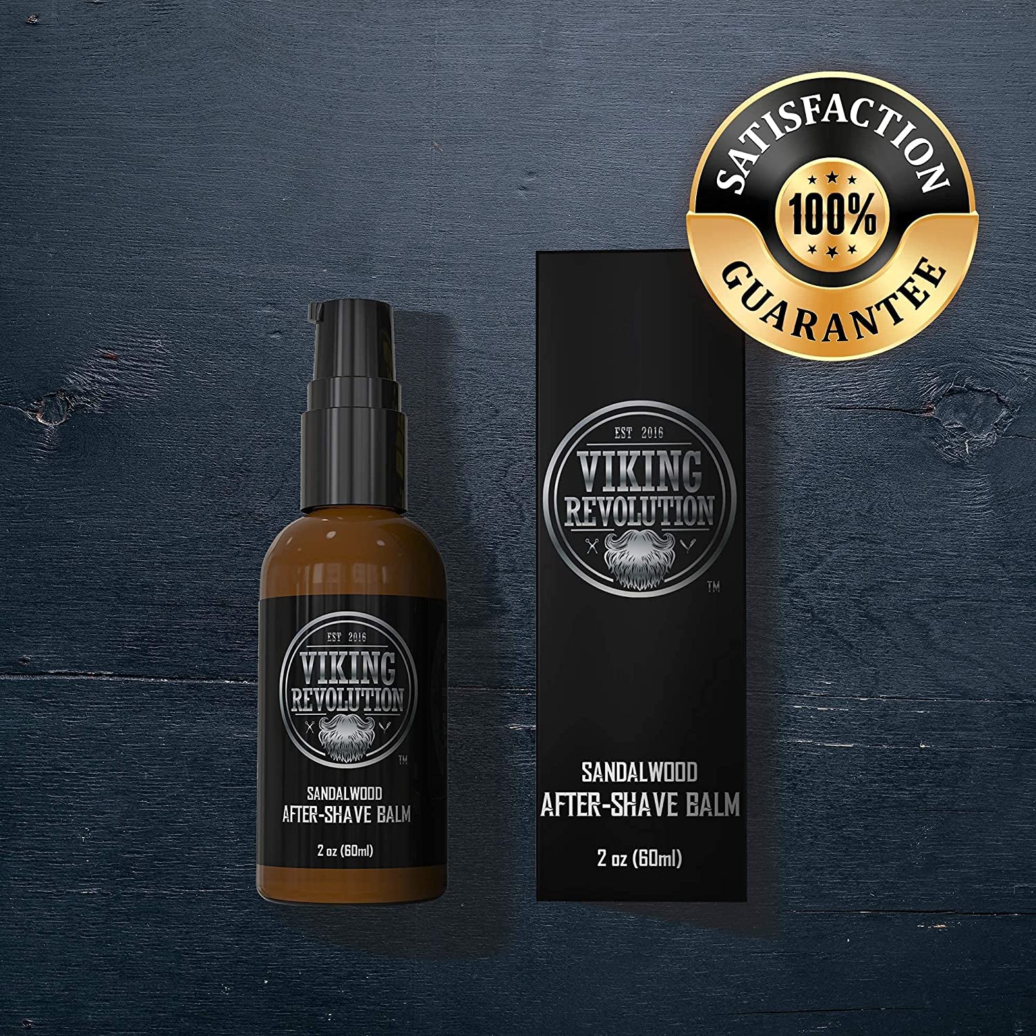 Sandalwood After-Shave Balm for Men in box on dark surface, ideal for skin care with satisfaction guarantee.