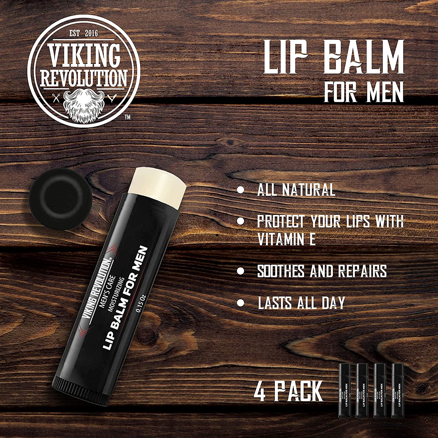Viking Revolution's All Natural Lip Balm for Men - 4 Pack is enriched with vitamin E and is set against a rugged wooden background, perfectly embodying style and substance.