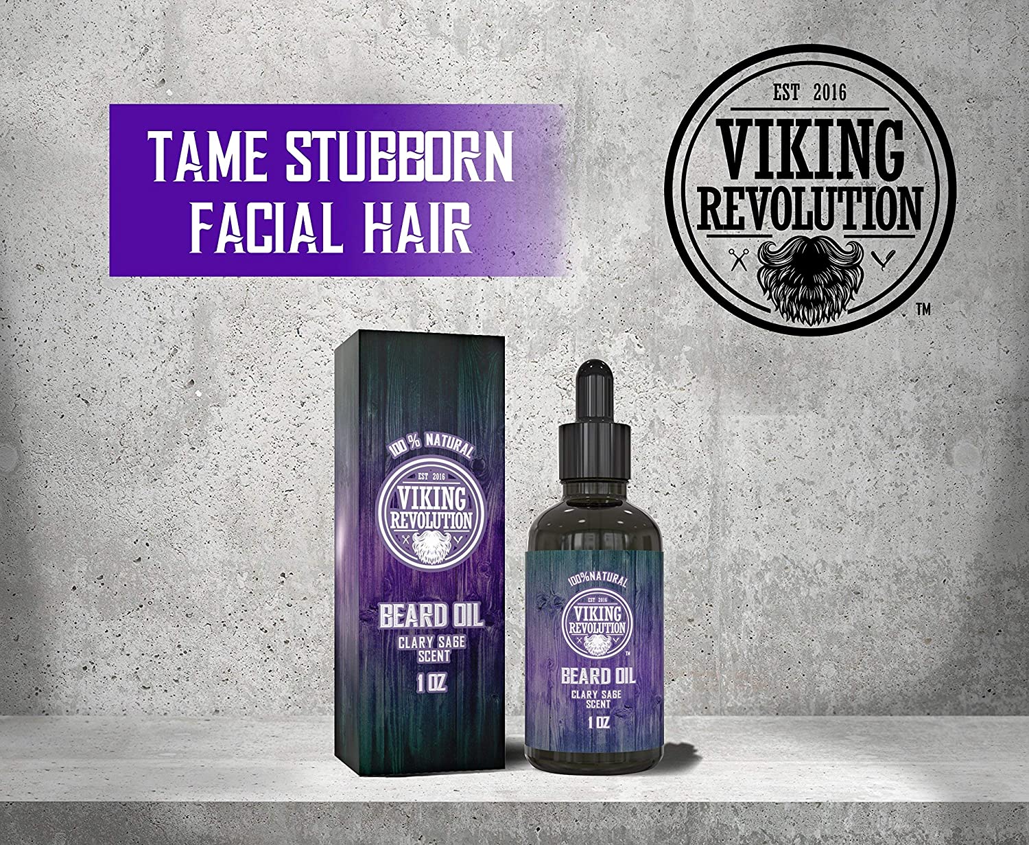 Clary Sage Beard Oil and its box sit on a stone surface, featuring the Viking Revolution brand, with the nurturing essence of clary sage to help tame facial hair.