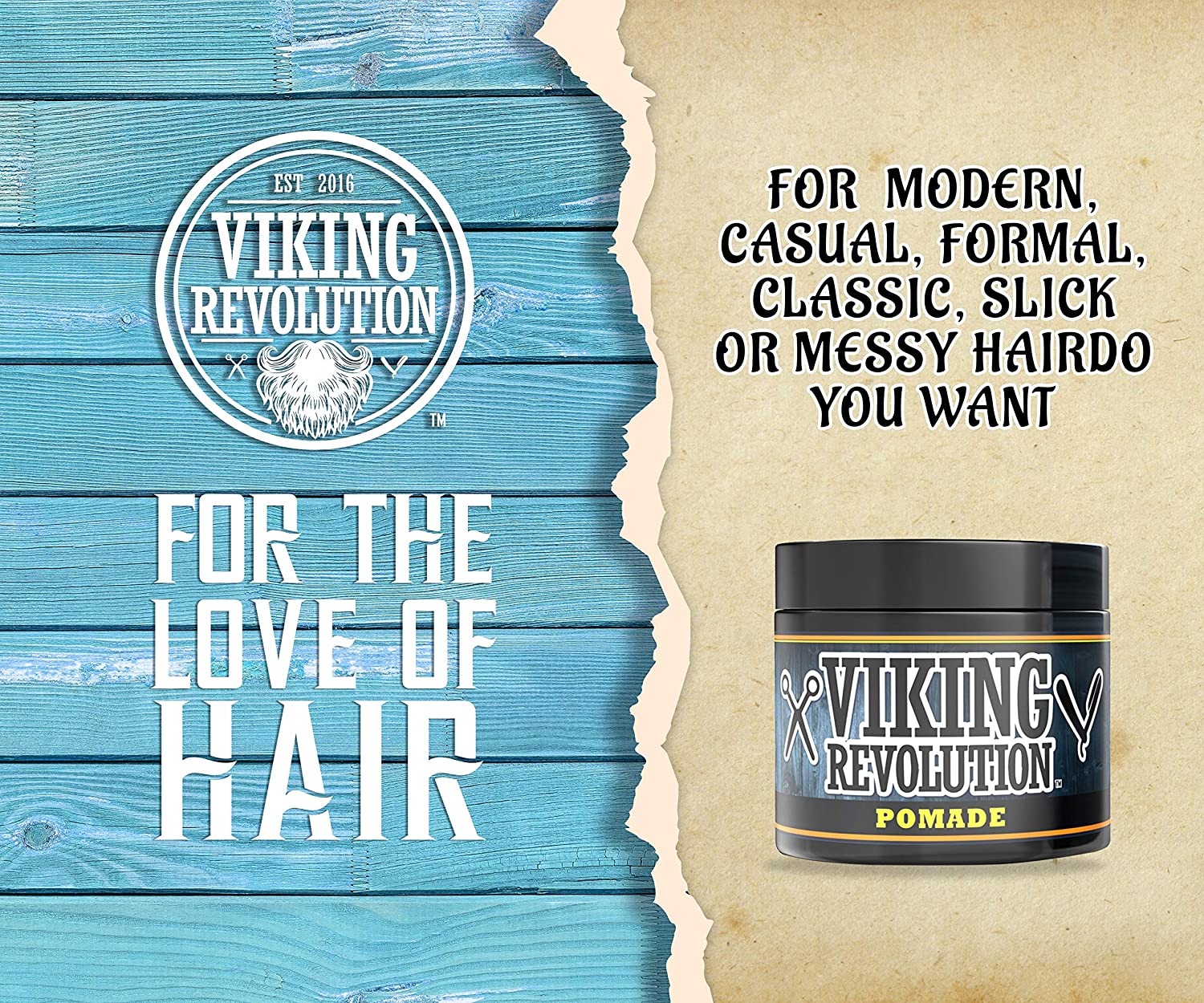 Firm Hold Hair Pomade ad on blue wood highlights styling with a high shine finish.