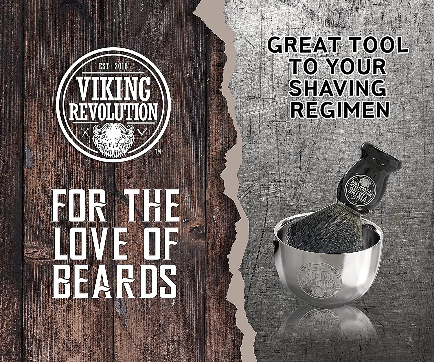 Badger Brush, Stainless Steel Shaving Soap Bowl, Viking Revolution logo: For the Love of Beards.