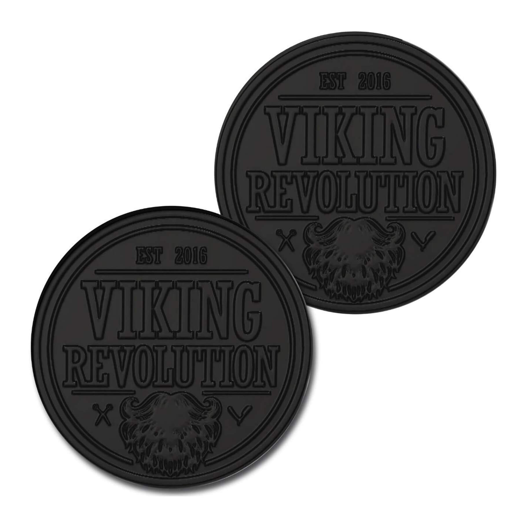 Two round black coasters featuring "Viking Revolution" and the 2016 logo embossed in raised letters. These coasters are as robust and classy as our Natural & Organic collections, such as the Activated Charcoal Soap w/ Dead Sea Mud - 2 Pack.