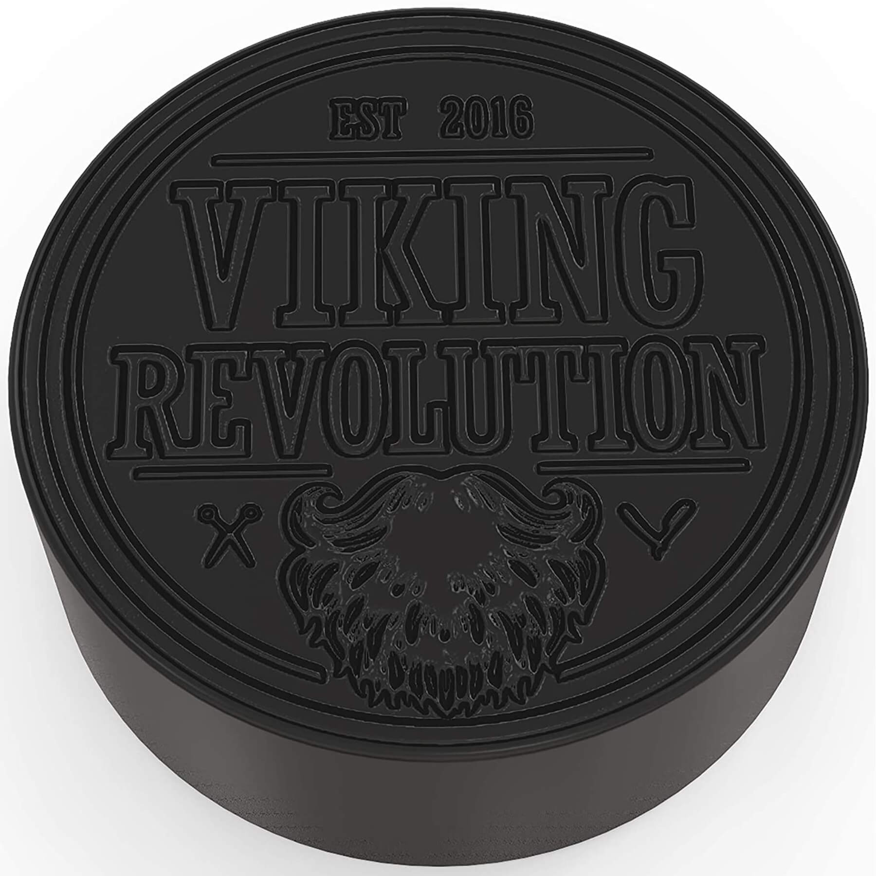 Round black tin with Viking Revolution embossed, beard graphic, EST 2016, natural soap inside.