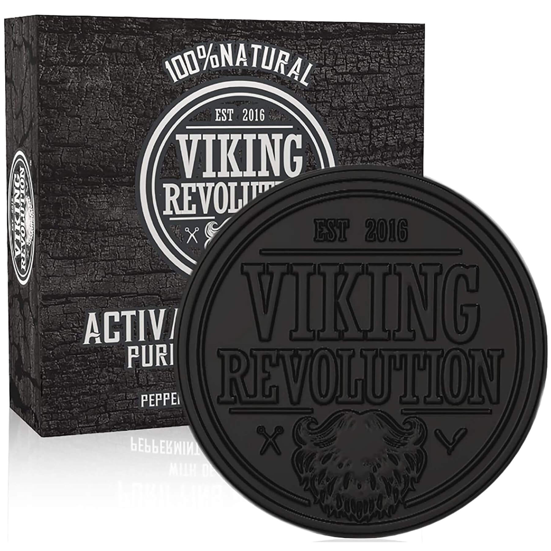 Black Viking Revolutions Activated Charcoal Soap w/ Dead Sea Mud comes in a rustic-designed box.