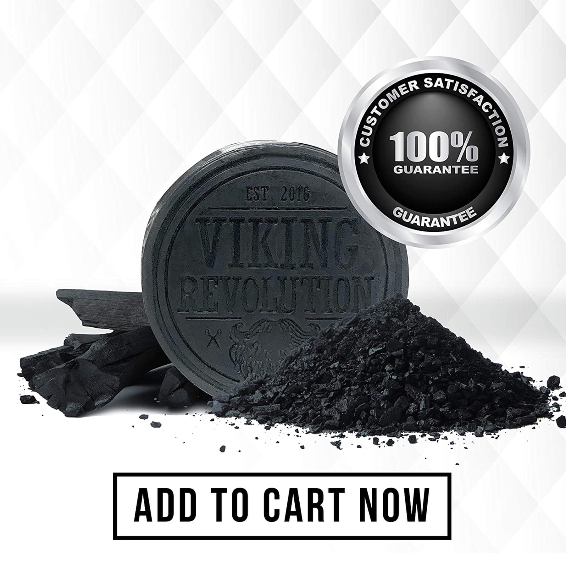 Viking Revolution Activated Charcoal & Dead Sea Mud Soap for facial care with a 100% guarantee badge.