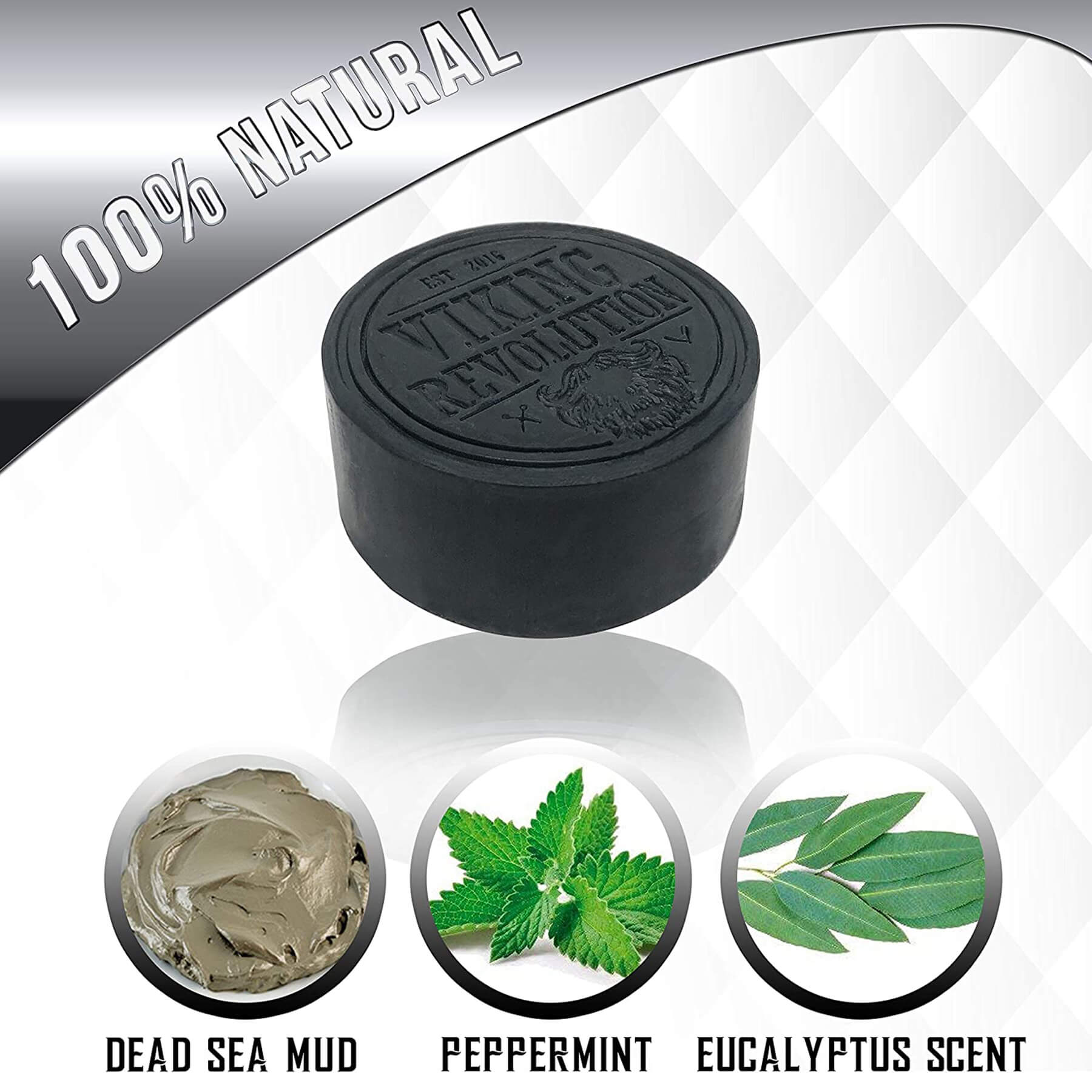 Black soap bar Activated Charcoal Soap w/ Dead Sea Mud by Viking Revolution with natural scents shown below.