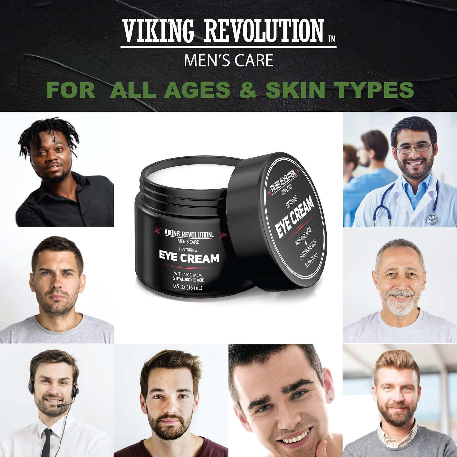 The Eye Cream for Men, accompanied by photos of men from various backgrounds, effectively addresses eye bags, puffiness, and dark circles. It is perfect for all ages and skin types.