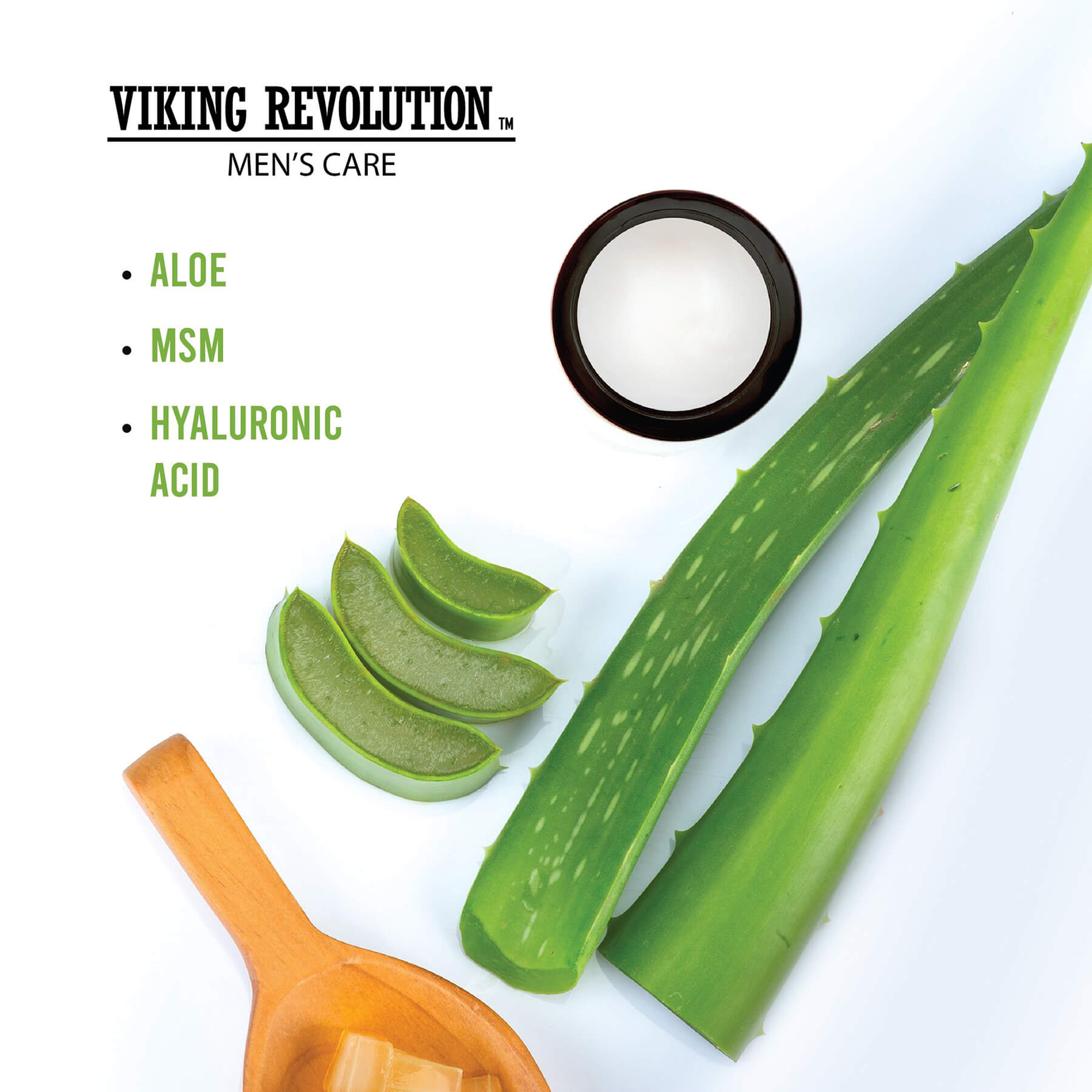 The Eye Cream for Men is designed to combat puffiness and dark circles with its aloe, MSM, and hyaluronic acid formula, complete with aloe leaves and packaged in a cream jar.