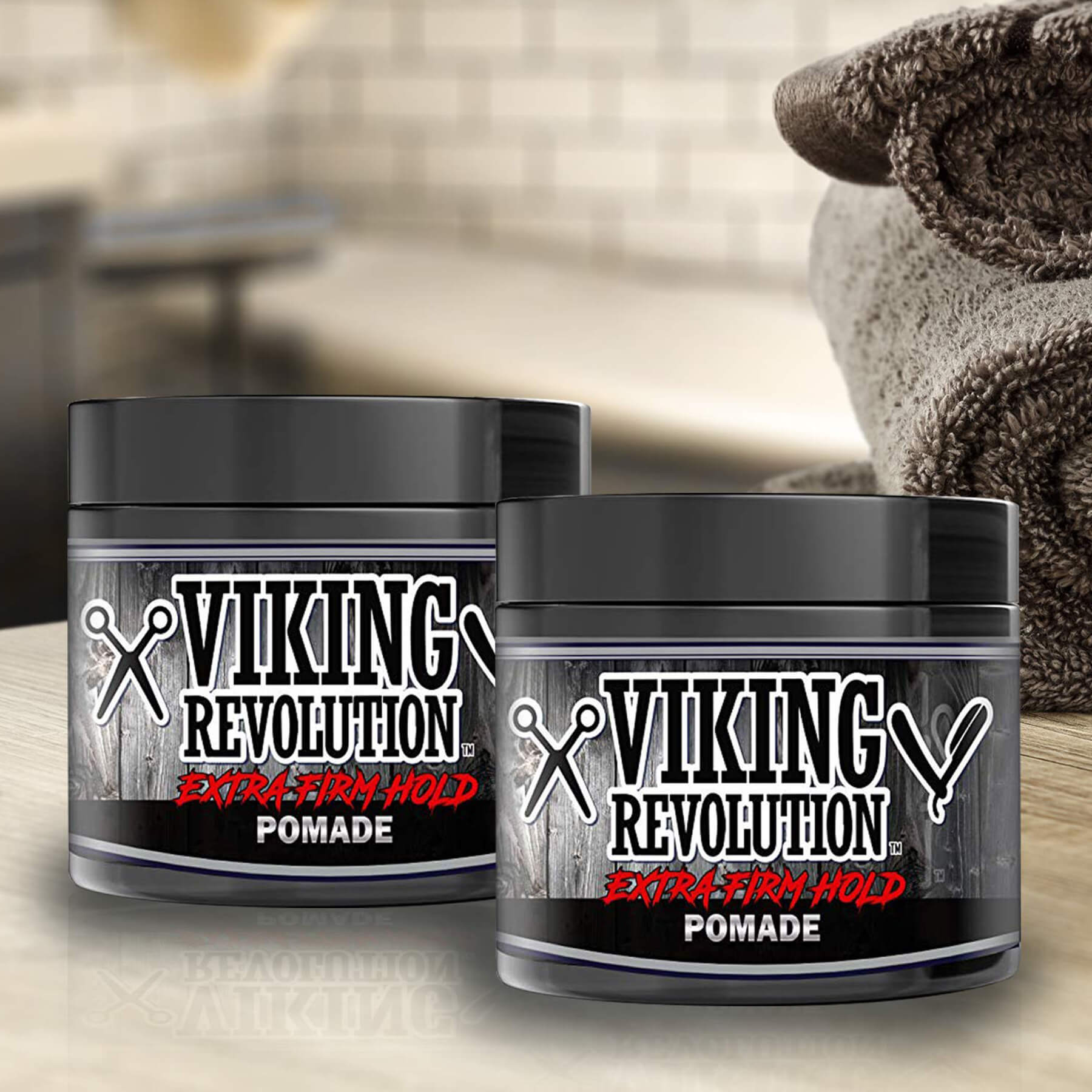 Two jars of Extreme Hold Hair Pomade - 2 Pack for a shiny look on a bathroom counter.