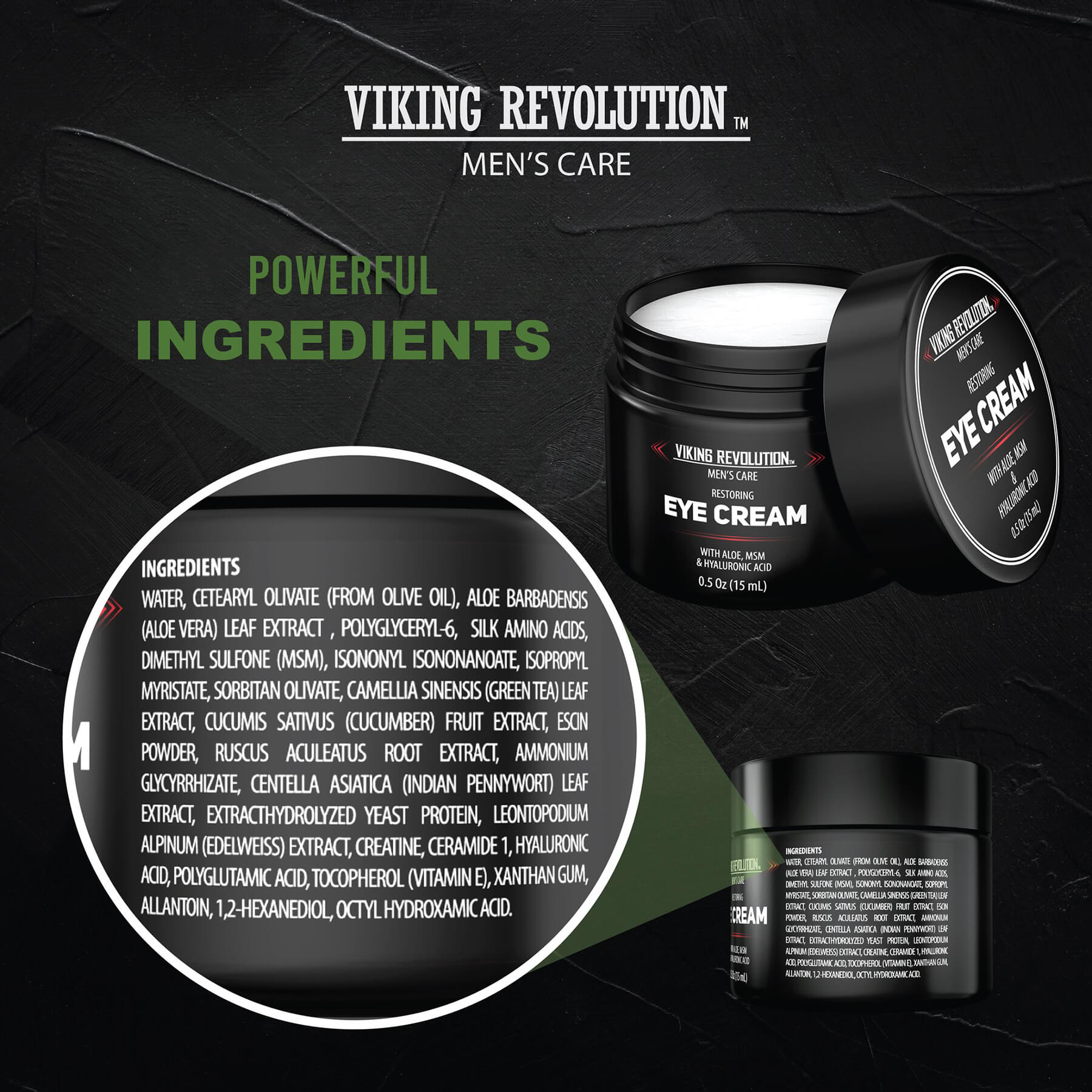 Eye Cream for Men jar, featuring a list of ingredients on a black textured background, designed to combat puffiness and reduce dark circles.