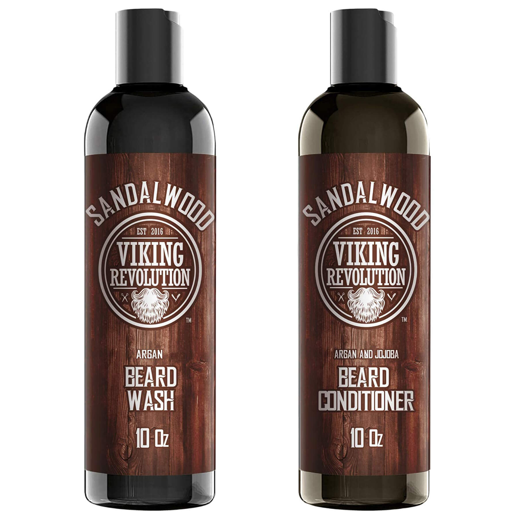 Two bottles of Viking Revolution Beard Wash & Conditioner in Sandalwood scent, each 10 oz, packed with all-natural ingredients to promote nourishing facial hair.