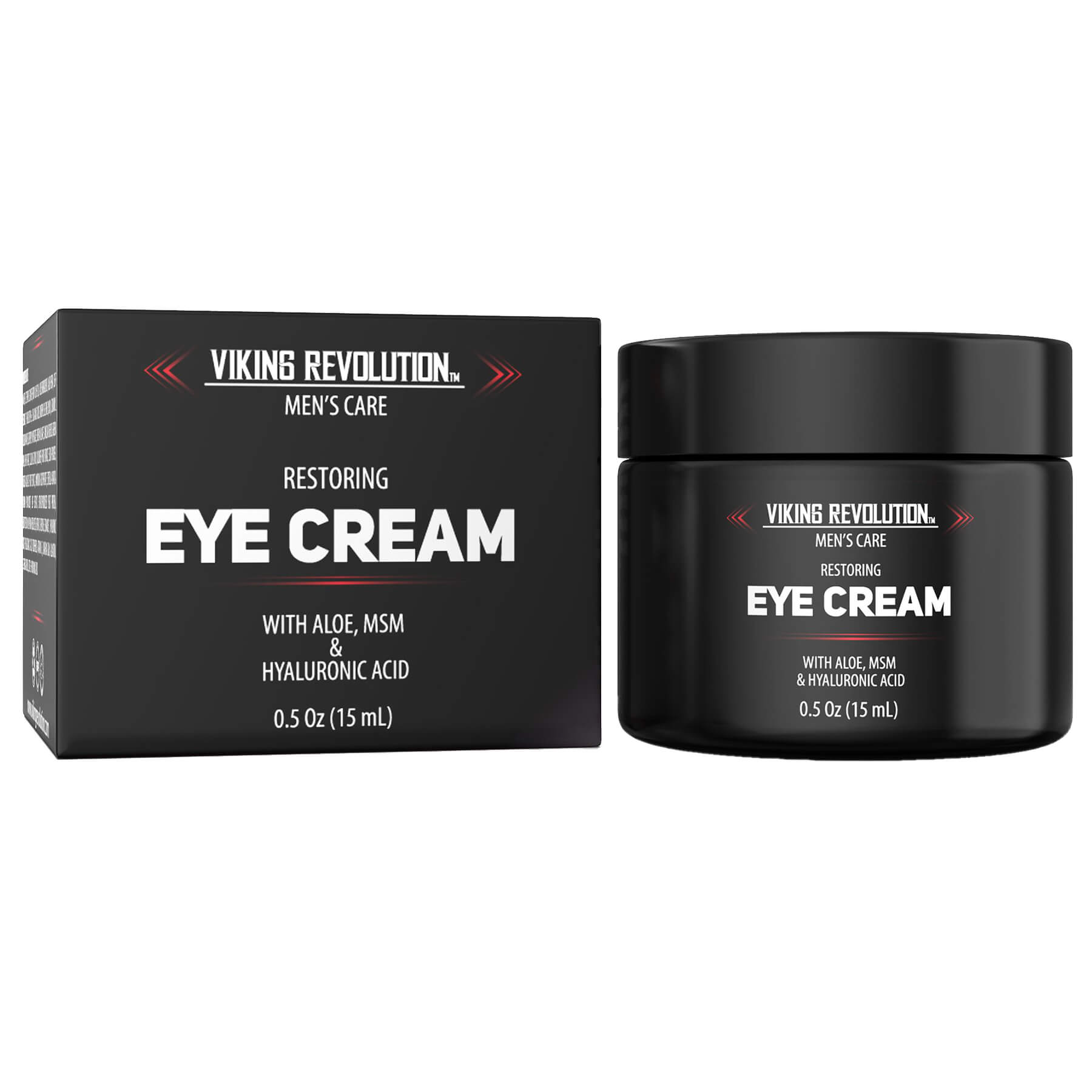 Black jar and box of Eye Cream for Men by Viking Revolution featuring aloe, MSM, and hyaluronic acid to combat puffiness and dark circles.