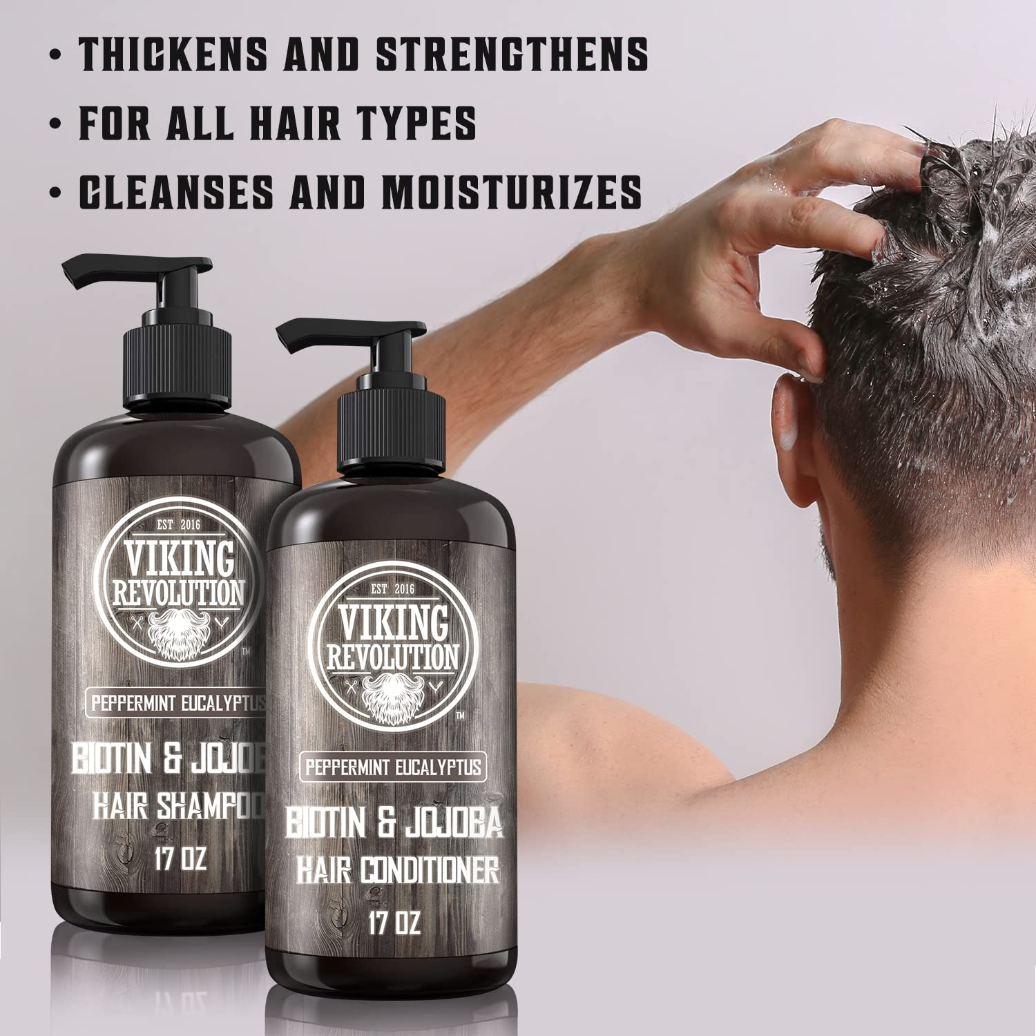 Man applies Viking Revolutions Eucalyptus and Peppermint Shampoo and Conditioner, highlighting dandruff benefits.