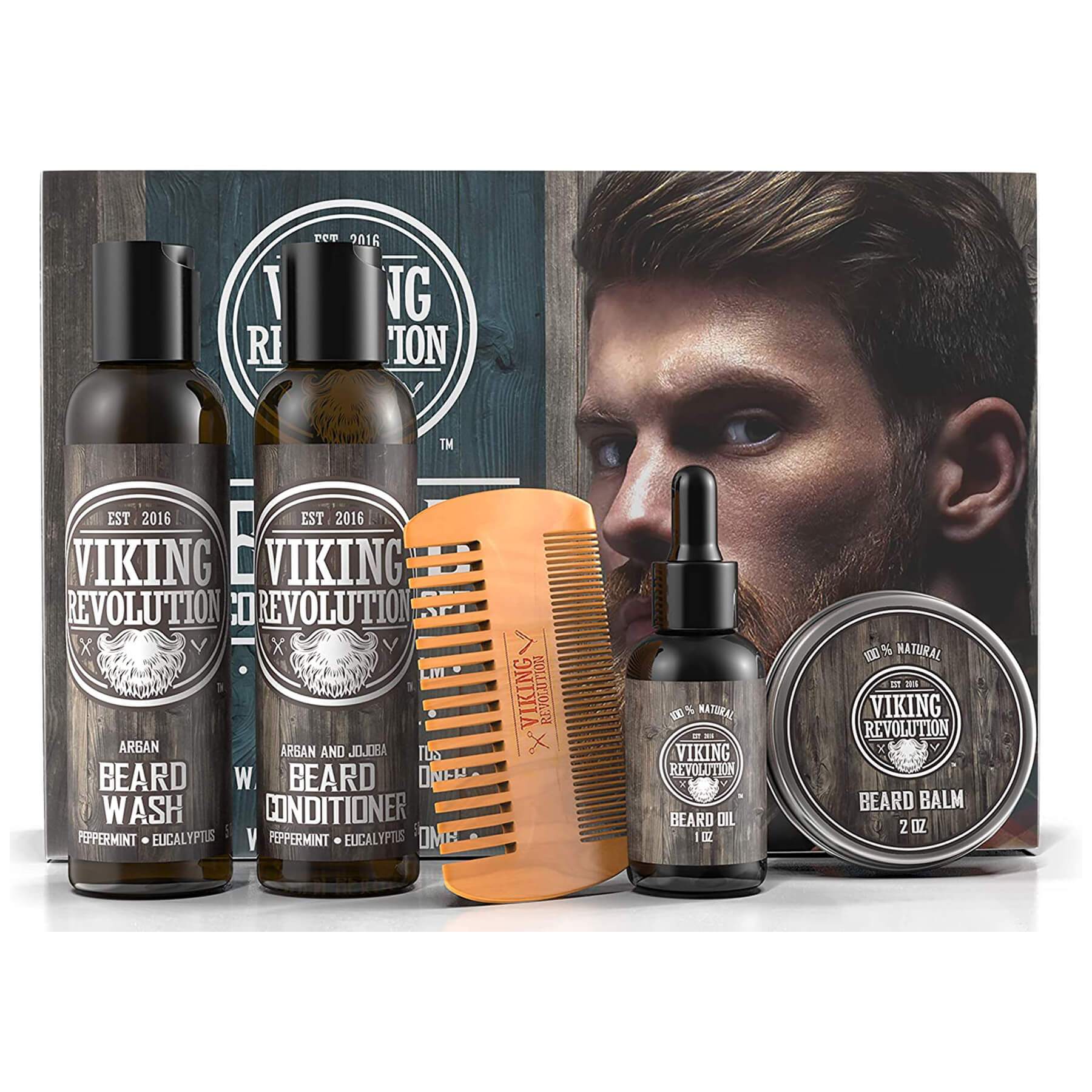 The Beard Grooming Kit includes wash, conditioner, oil, balm, and a wooden comb. Enhanced with its signature sandalwood scent, this all-in-one beard care collection ensures that your facial hair always looks and feels its finest.