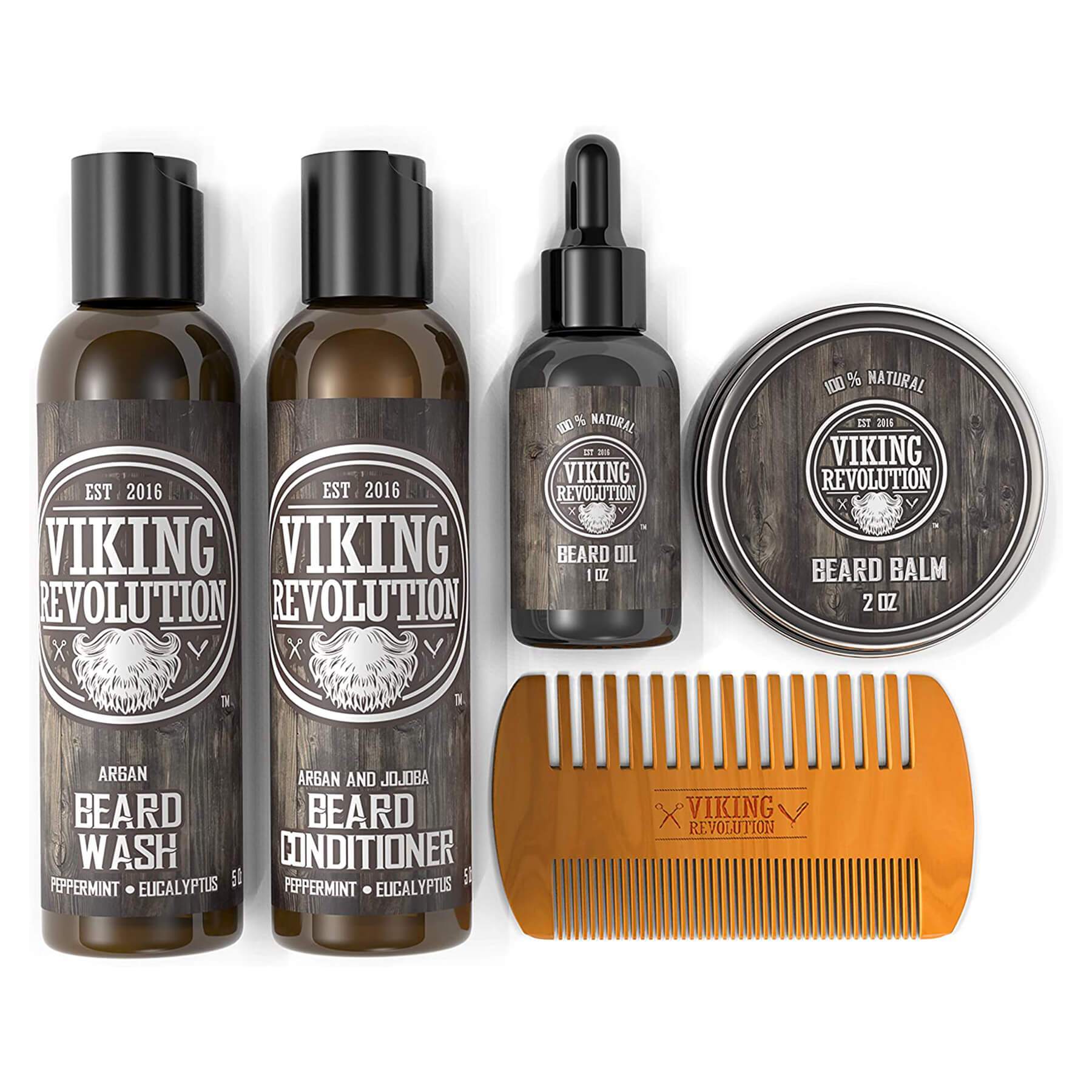 Discover the ultimate grooming experience with Viking Revolution's Beard Grooming Kit, infused with a sandalwood scent. This comprehensive collection includes a wash, conditioner, oil, balm, and comb for achieving a perfectly groomed beard every day.