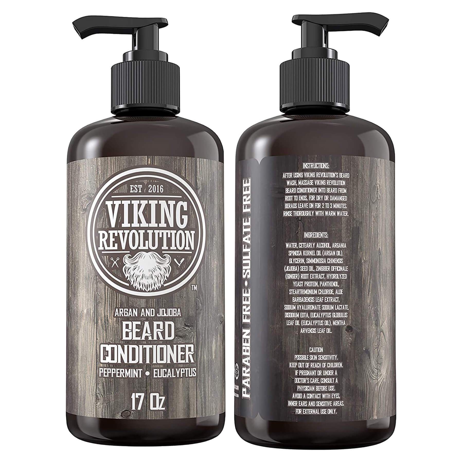 Two bottles of Beard Conditioner 17oz from Viking Revolution, enriched with natural beard oil to promote healthy beard growth, provide a refreshing peppermint and eucalyptus scent. Each bottle is ideal for maintaining your beard’s vitality.