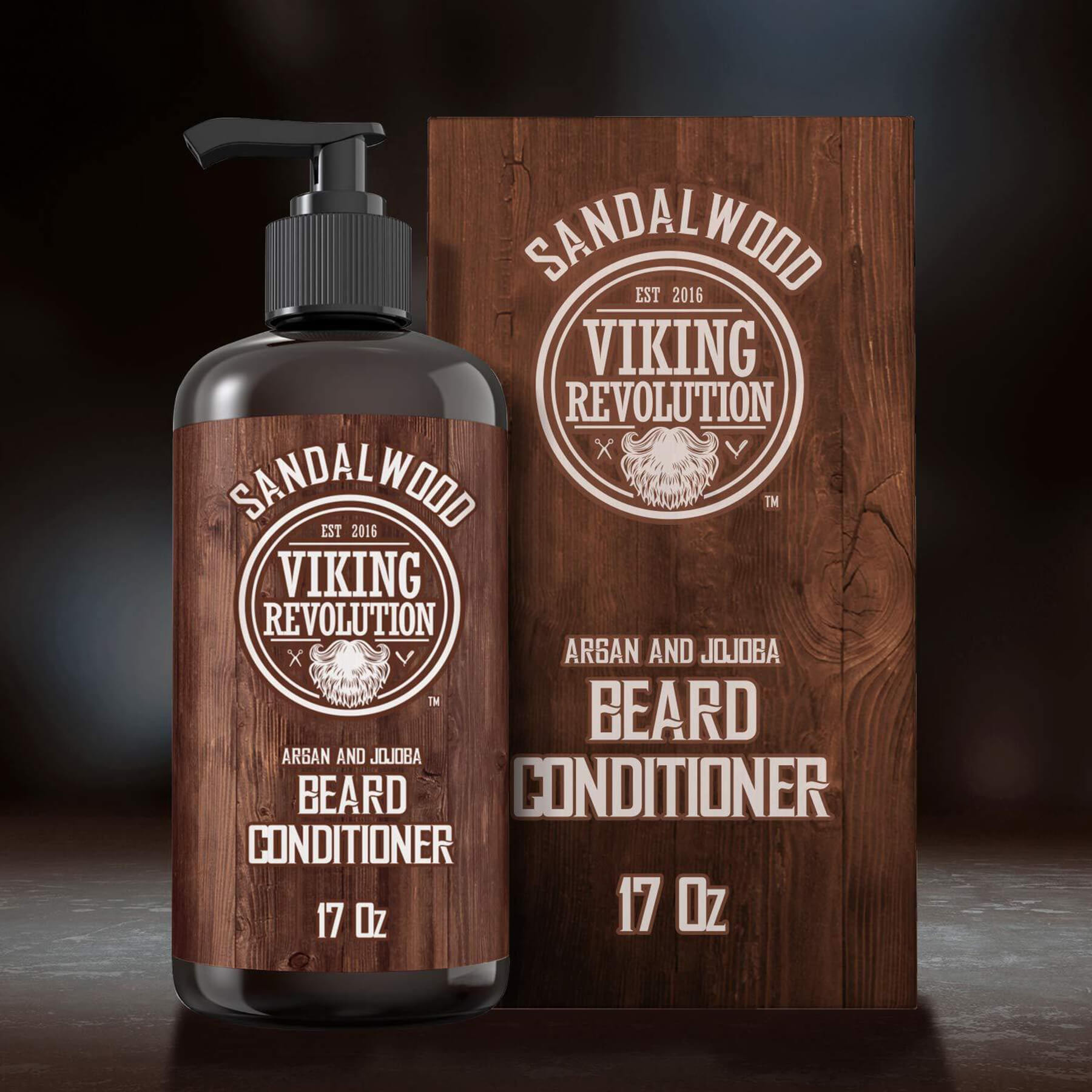 Sandalwood Beard Conditioner 17oz with plant-based oils for beard conditioning by Viking Revolution.