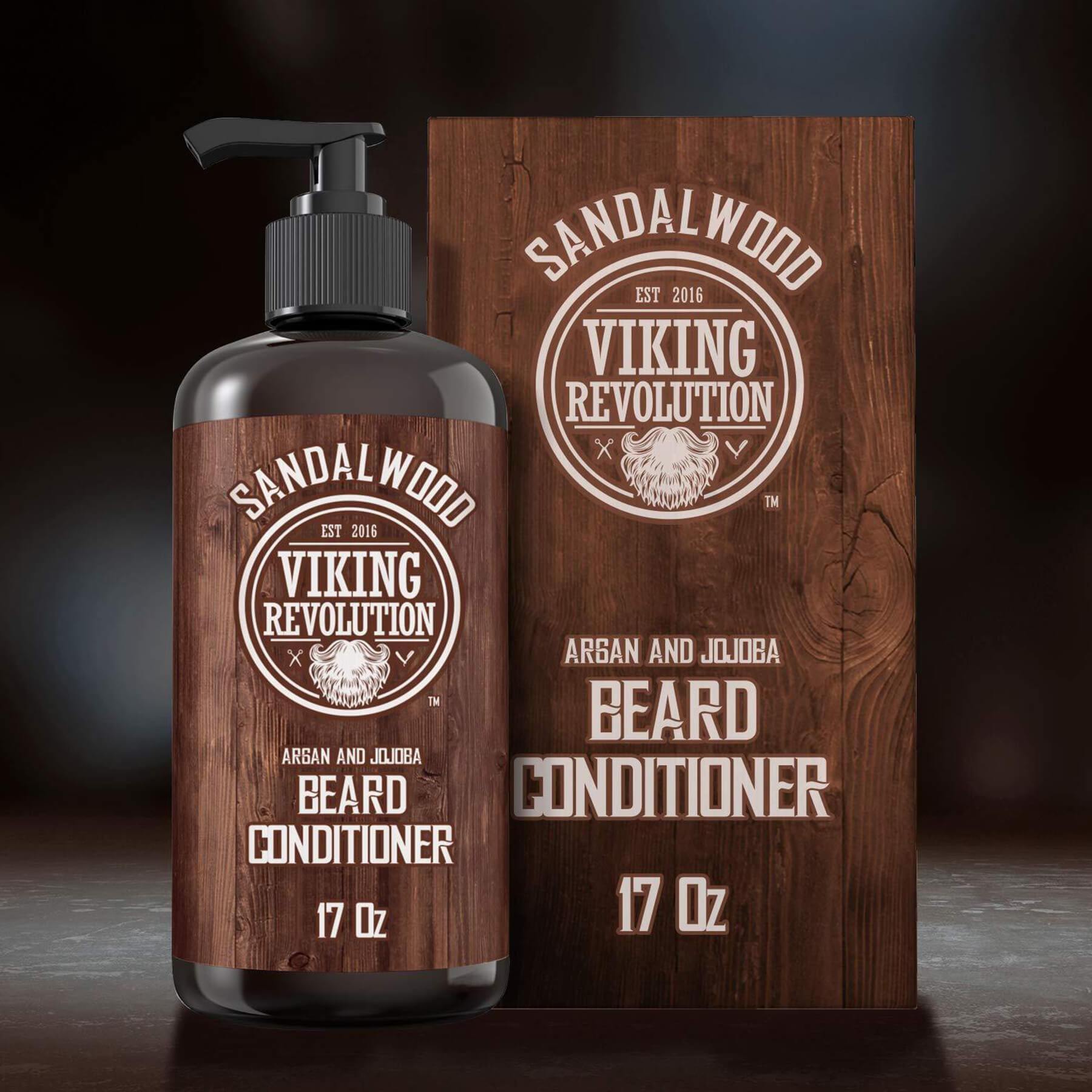 The Beard Conditioner 17oz, with Viking-themed packaging, is infused with natural sandalwood beard oil and comes in a bottle and box, designed to promote healthy beard growth.