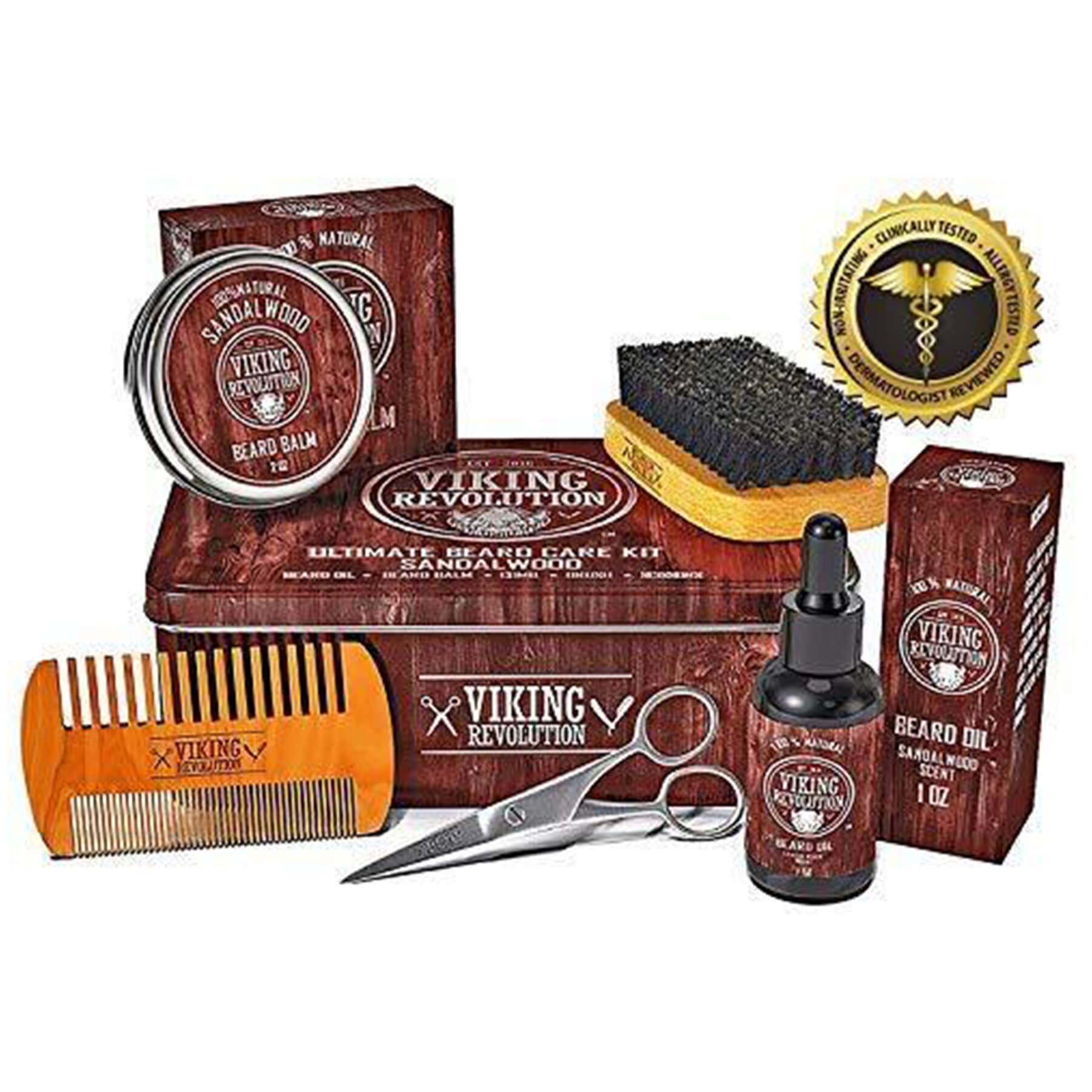 Sandalwood Beard Care Kit in a Metal Box featuring balm, sandalwood beard oil, brush, comb, and scissors for perfect beard styling.